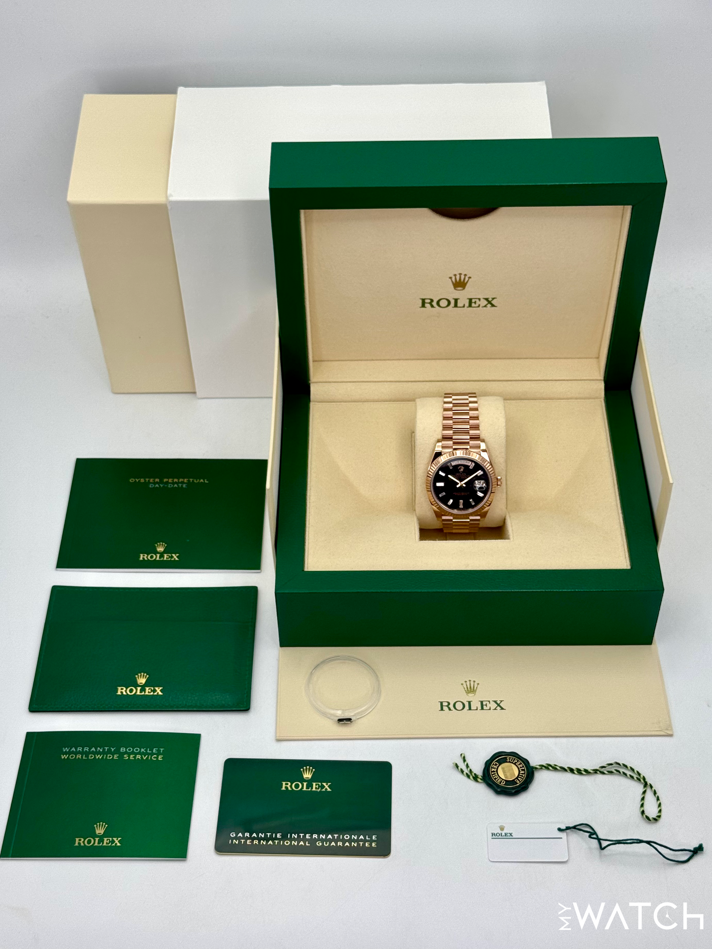 2022 Rolex Day-Date 40mm 228235 Rose Gold Eisenkiesal Baguette Dial