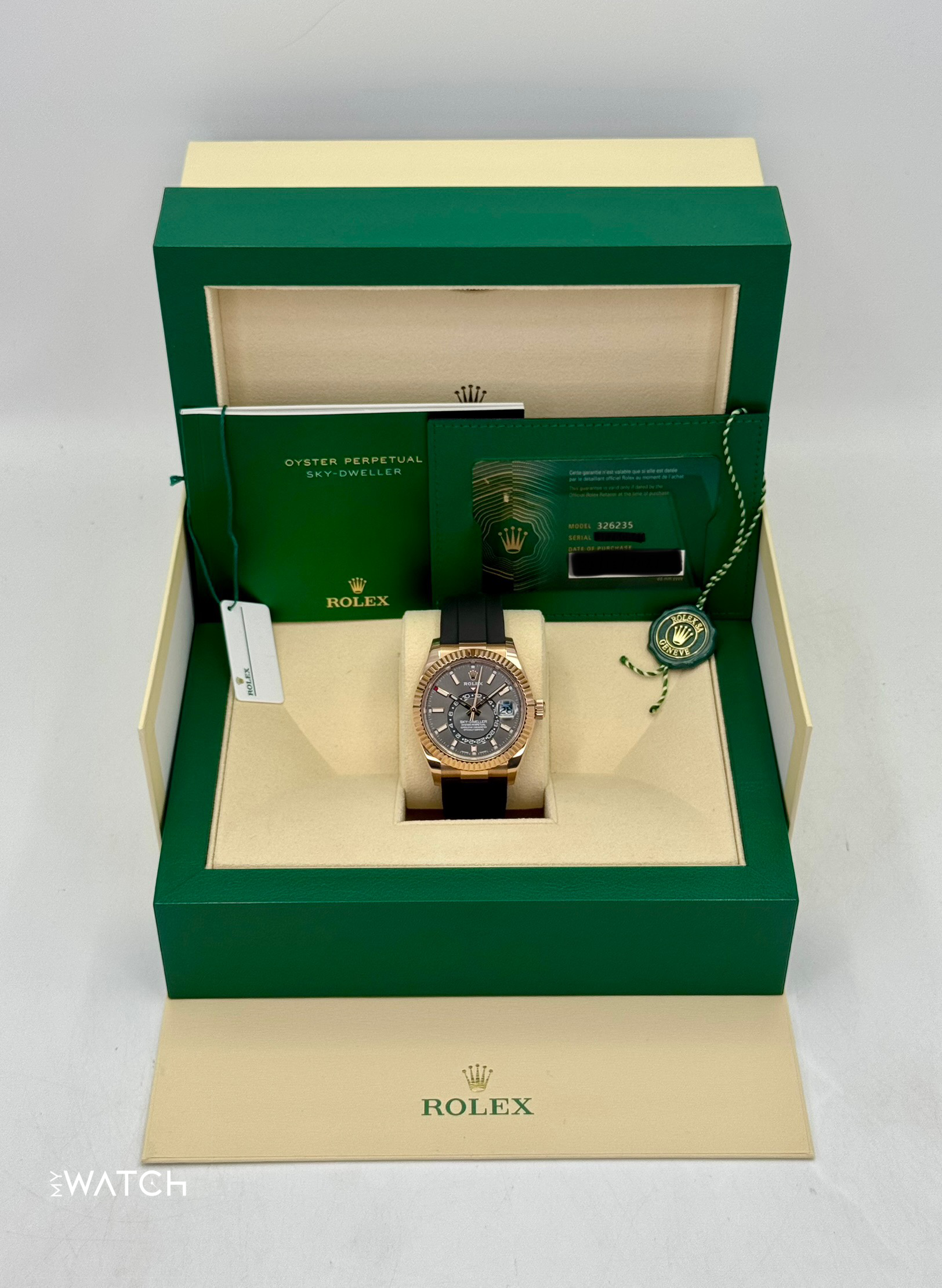 2021 Rolex Sky-Dweller 42mm 326235 Rose Gold Oysterflex Rhodium Dial - MyWatchLLC