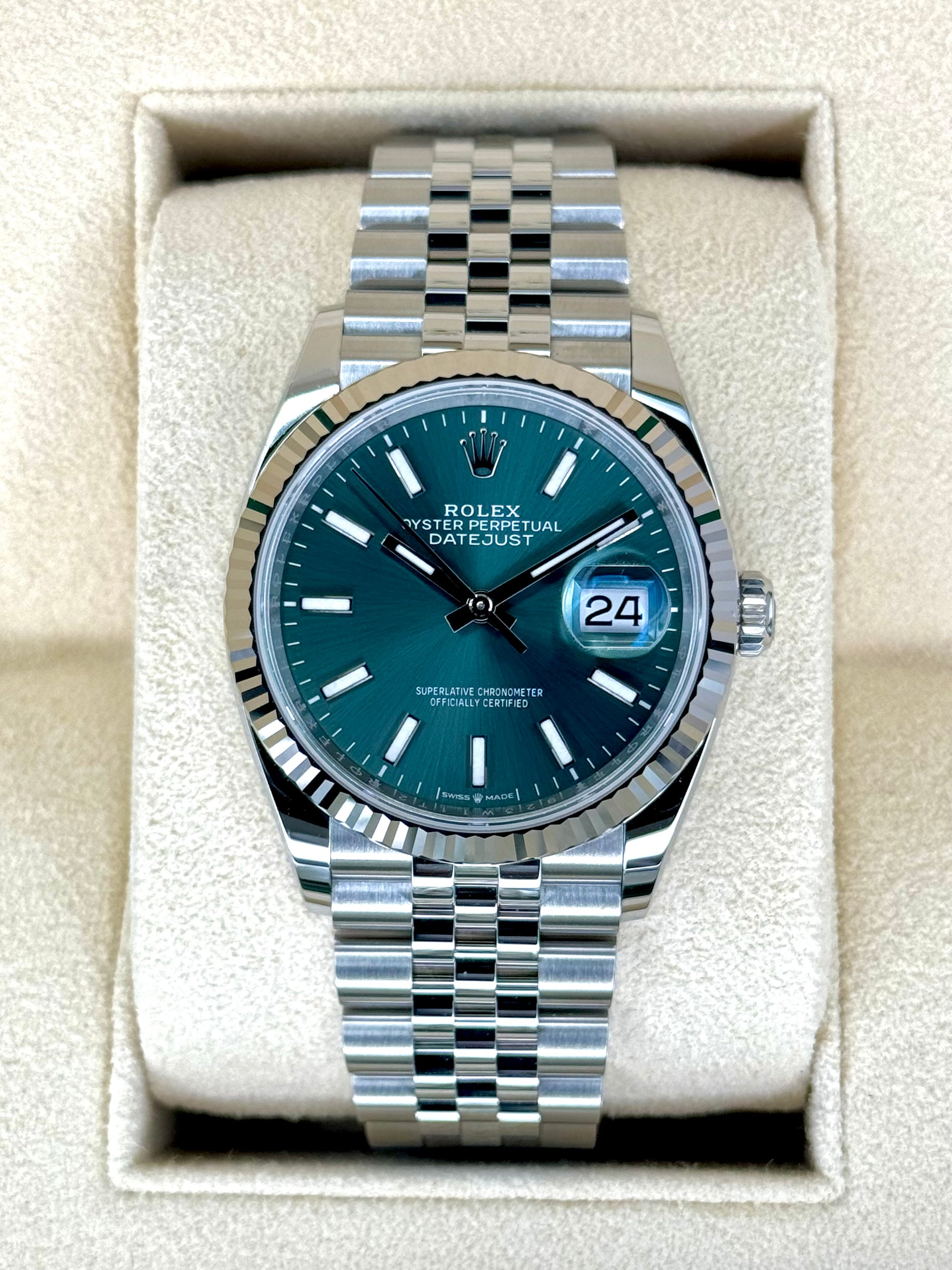 NEW 2023 Rolex Datejust 36mm 126234 Stainless Steel Jubilee Green Dial - MyWatchLLC