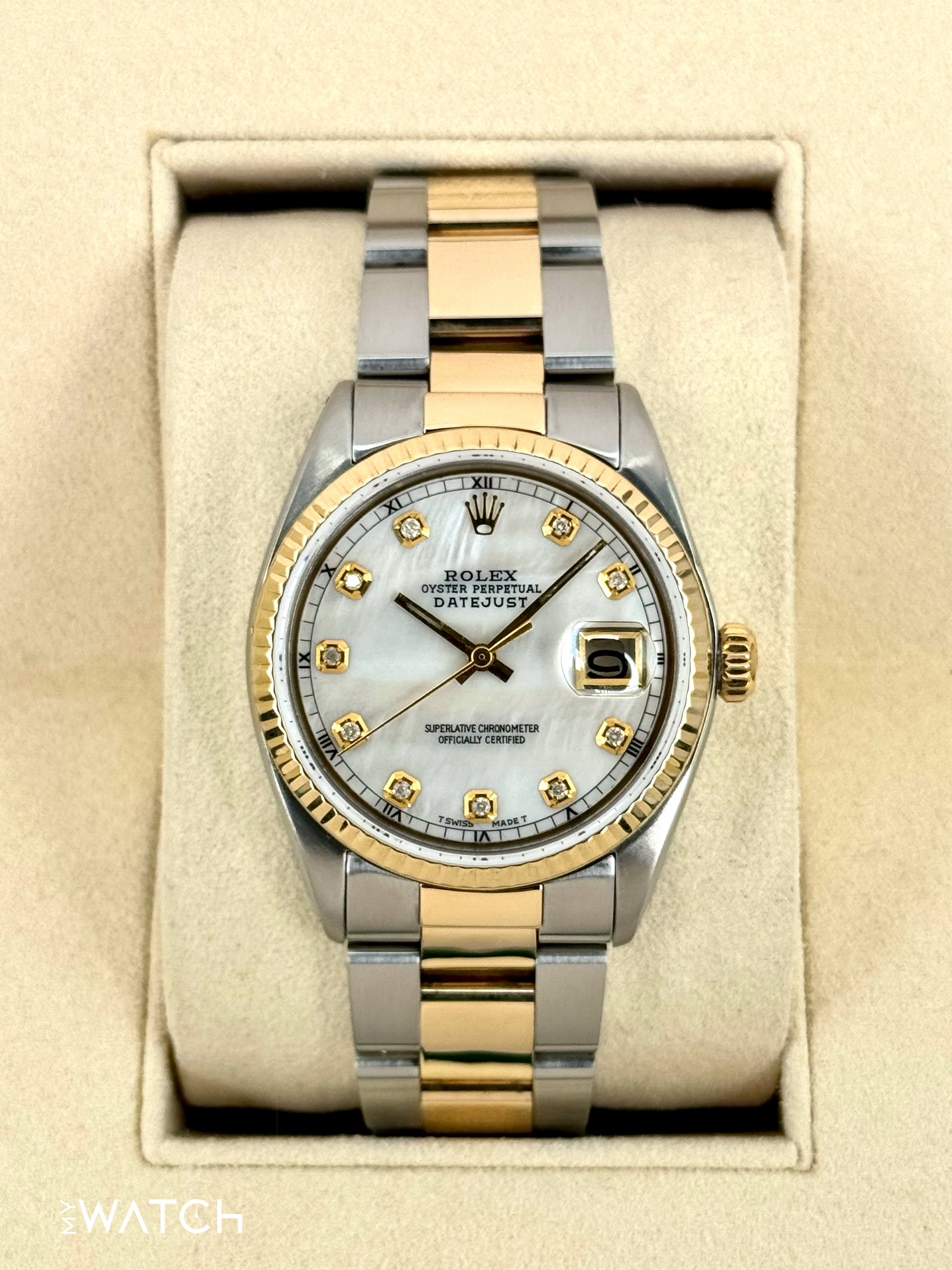 1972 Rolex Datejust 36mm 1601 Two-Tone Oyster Mother of Pearl Diamond Dial - MyWatchLLC