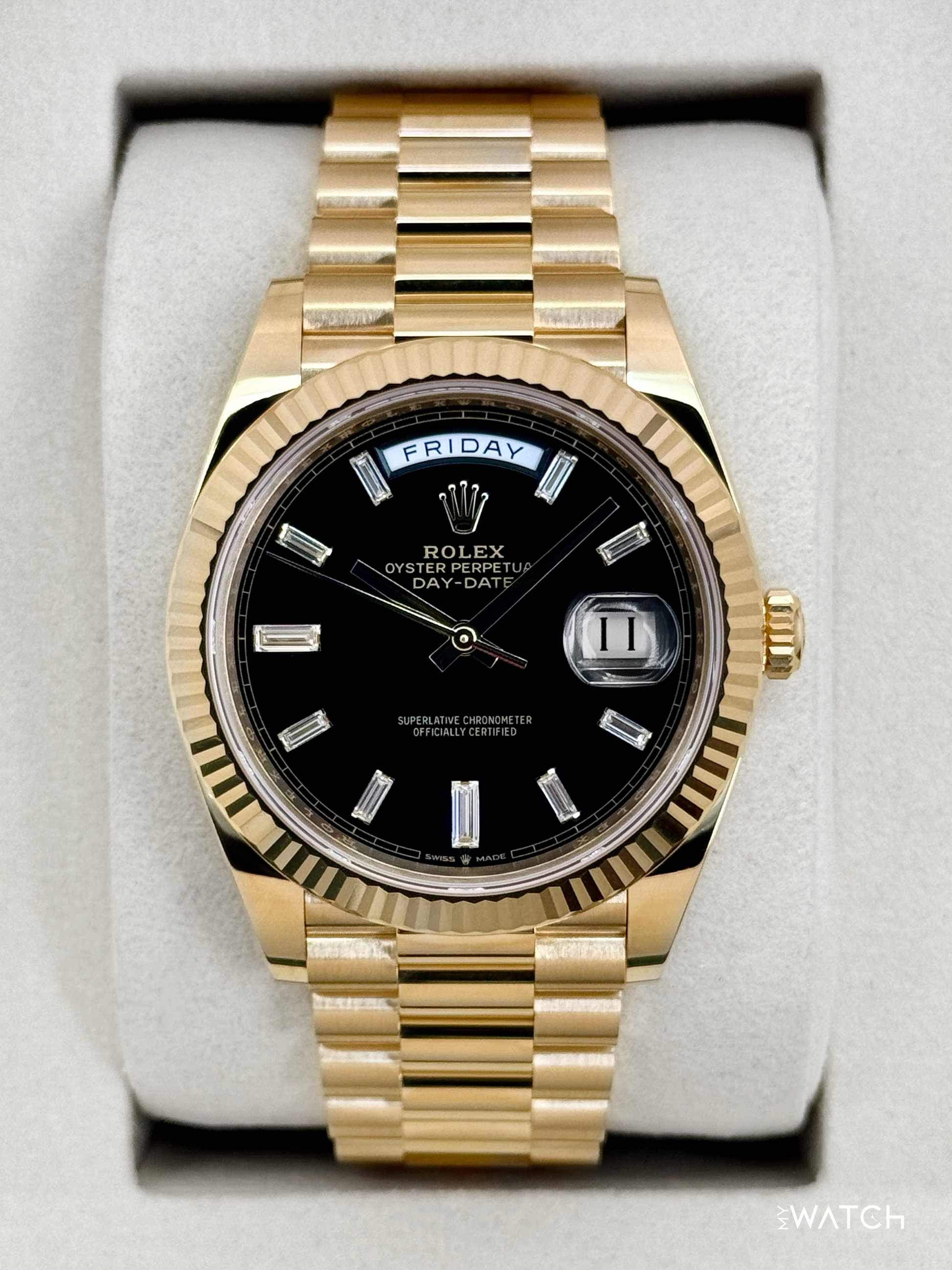 NEW 2026 Rolex Day-Date 40mm 228238 Yellow Gold Black Diamond Dial - MyWatchLLC