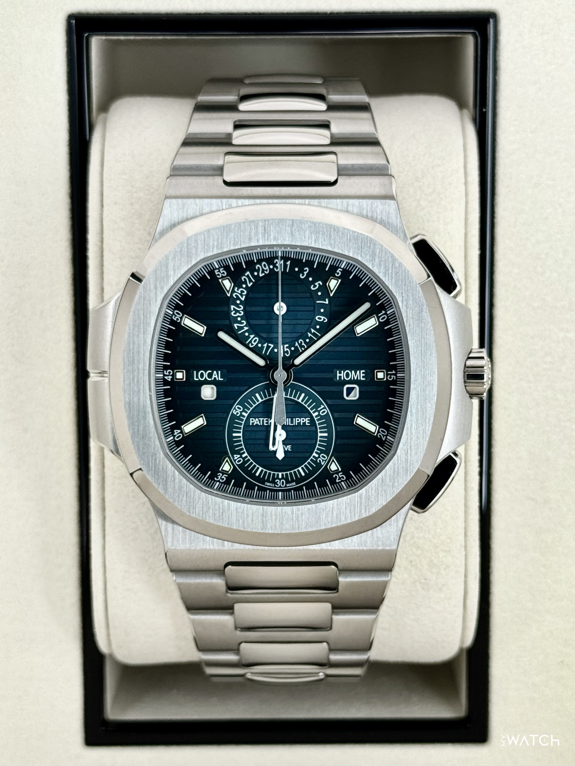 NEW 2026 Patek Philippe Nautilus Travel Time Chrono 40.5mm 5990 Blue-Noir Dial - MyWatchLLC