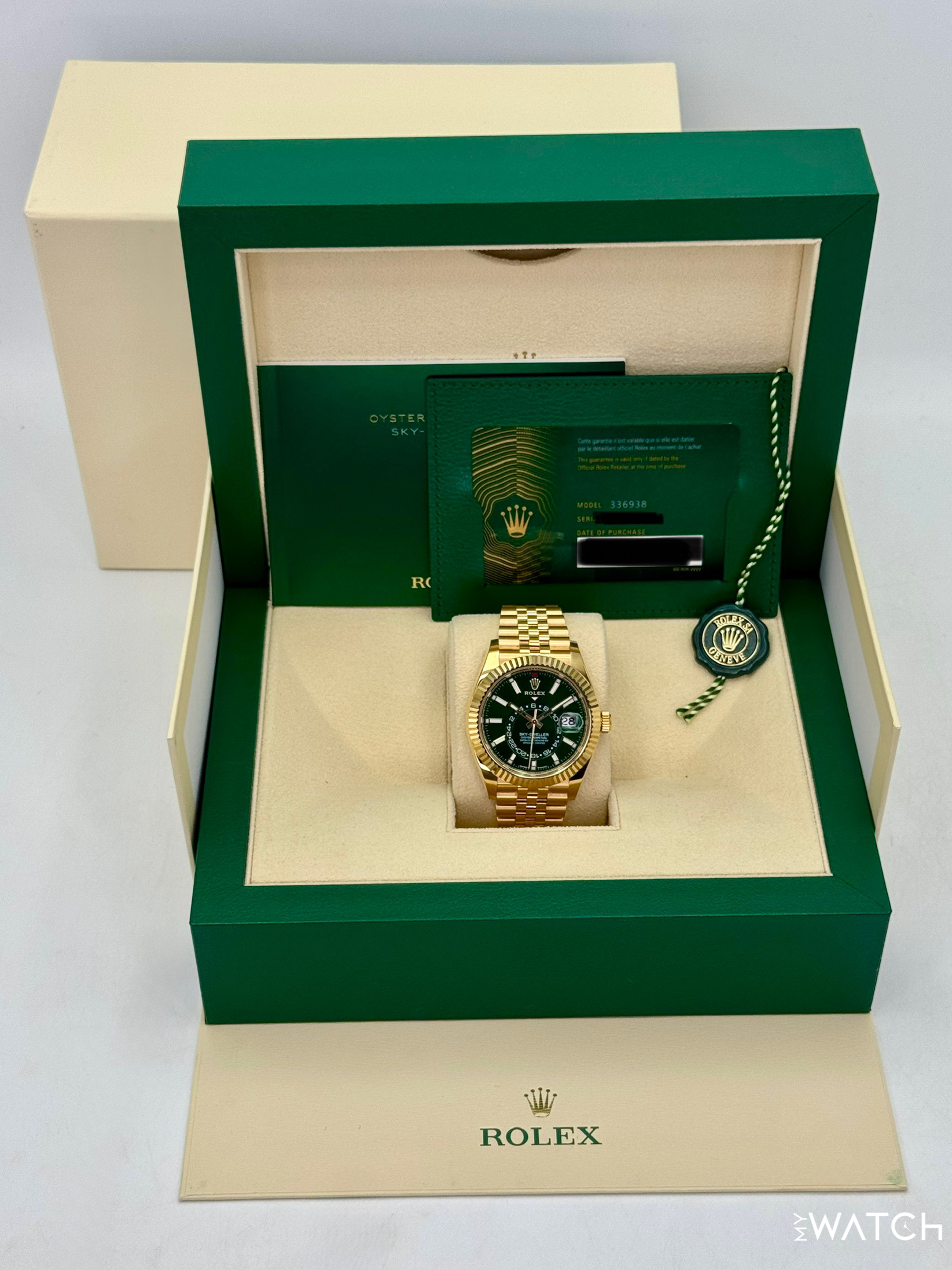2025 Rolex Sky-Dweller 42mm 336938 Yellow Gold Jubilee Green Dial - MyWatchLLC