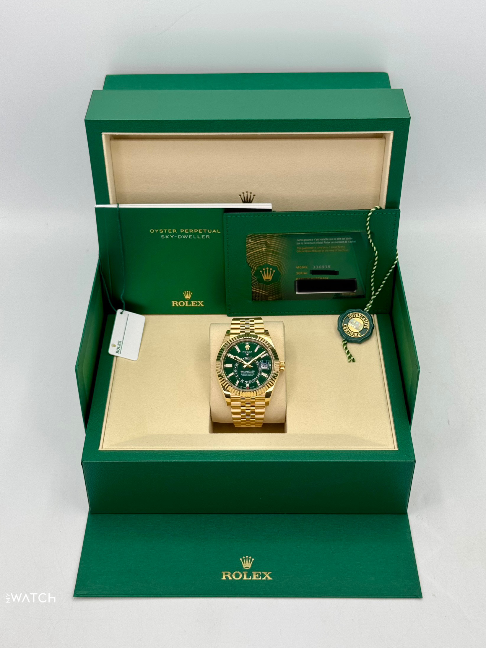 2025 Rolex Sky-Dweller 42mm 336938 Yellow Gold Jubilee Green Dial - MyWatchLLC