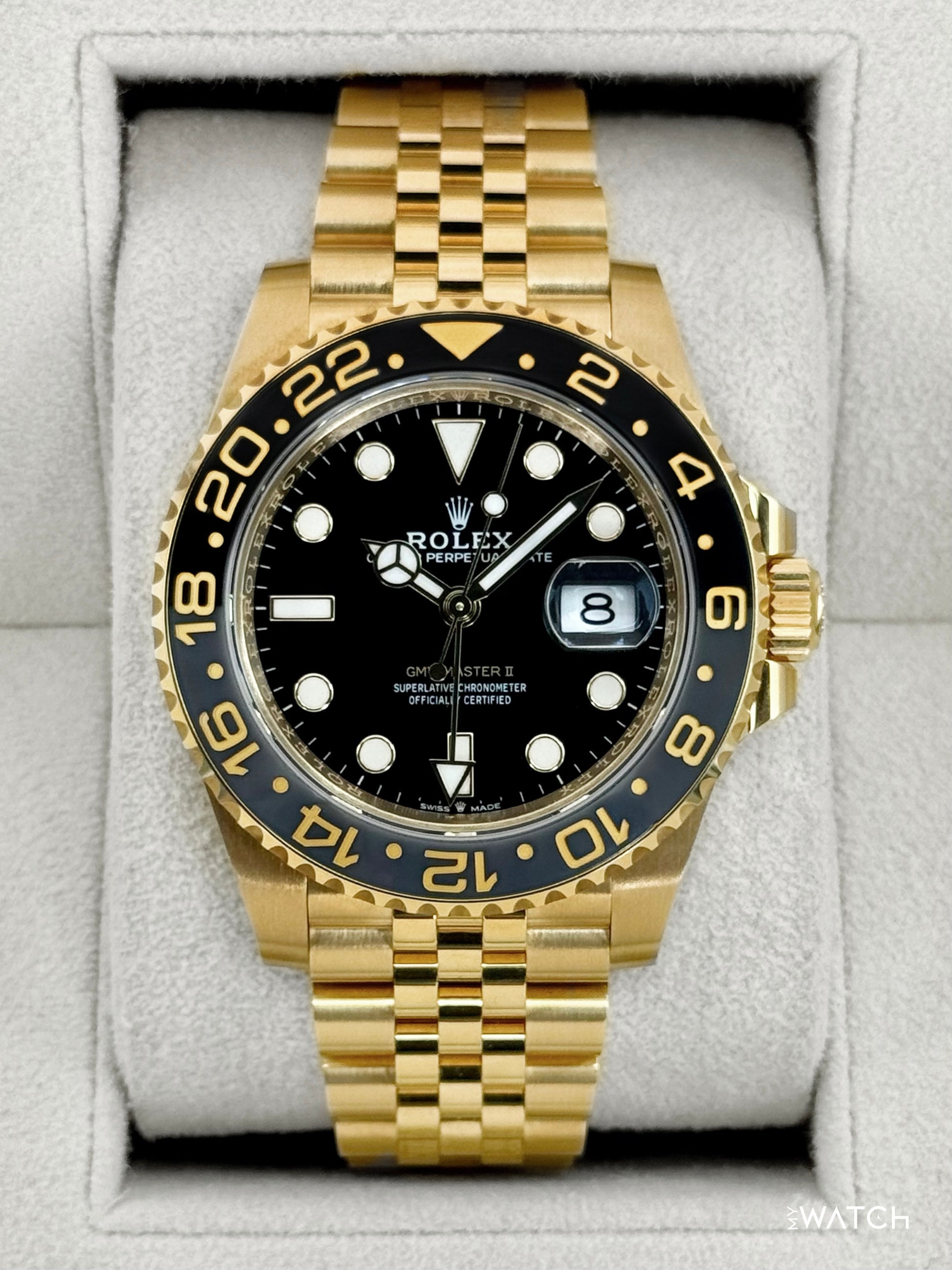 2023 Rolex GMT-Master II 40mm 126718GRNR Yellow Gold Jubilee Black Dial - MyWatchLLC