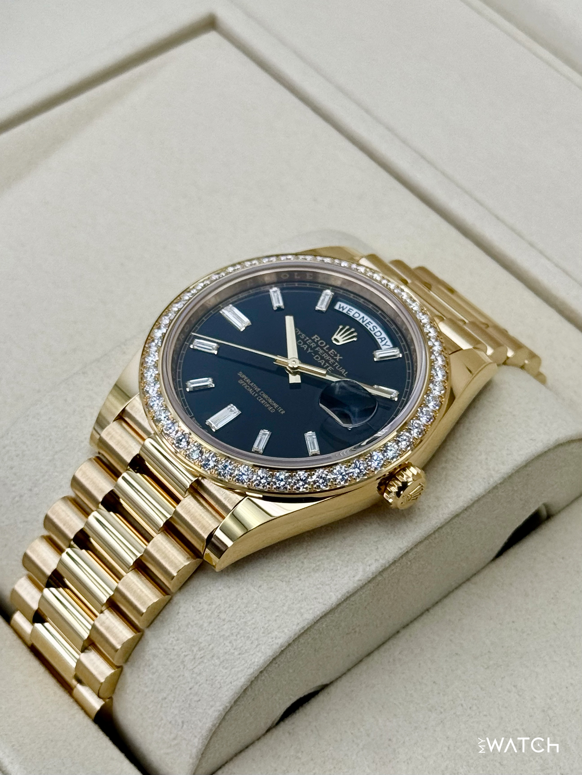 NEW 2026 Rolex Day-Date 40mm 228348RBR Black Diamond Baguette Dial - MyWatchLLC