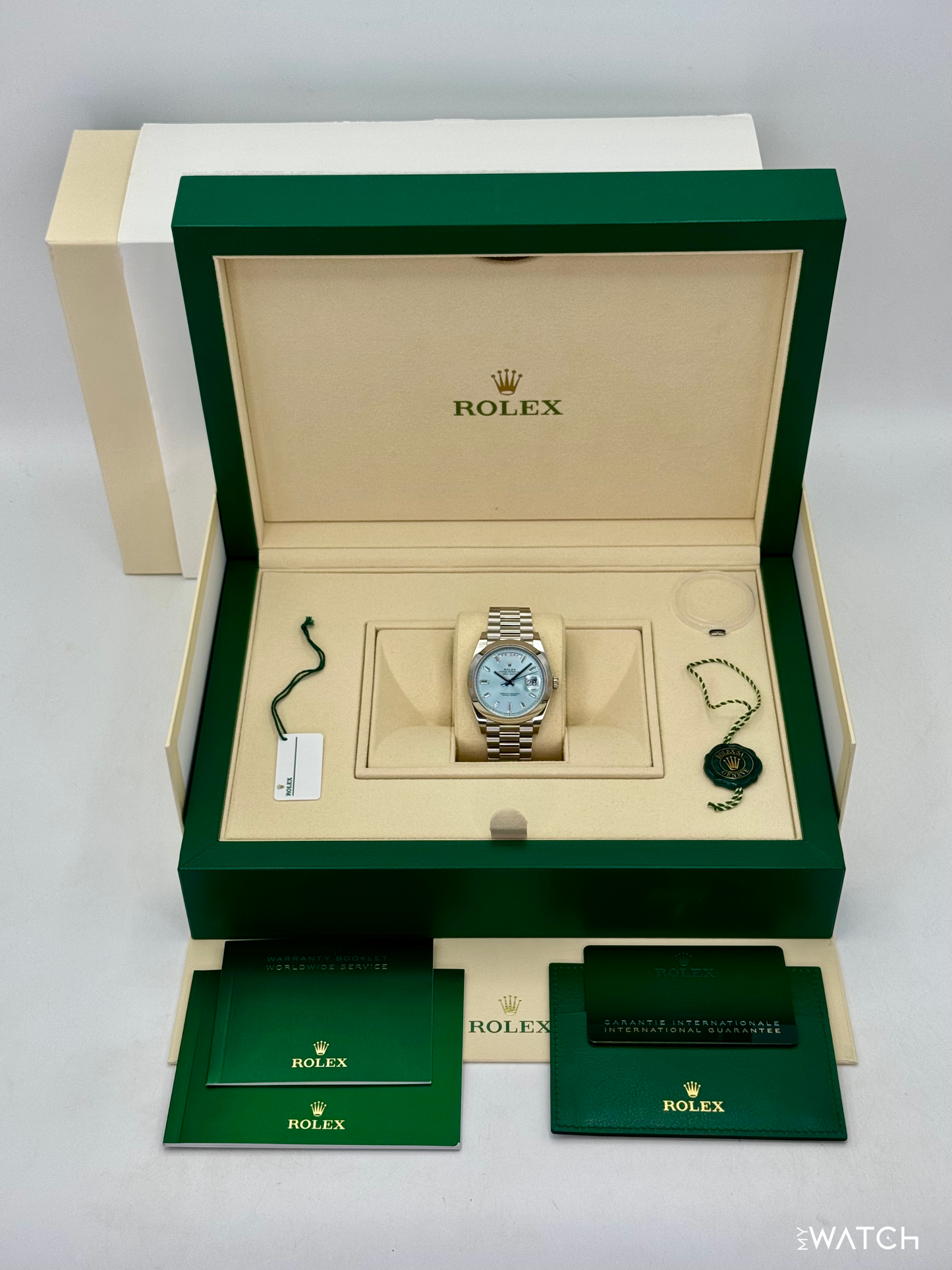 2021 Rolex Day-Date 40mm 228206 Platinum Ice Blue Diamond Dial - MyWatchLLC