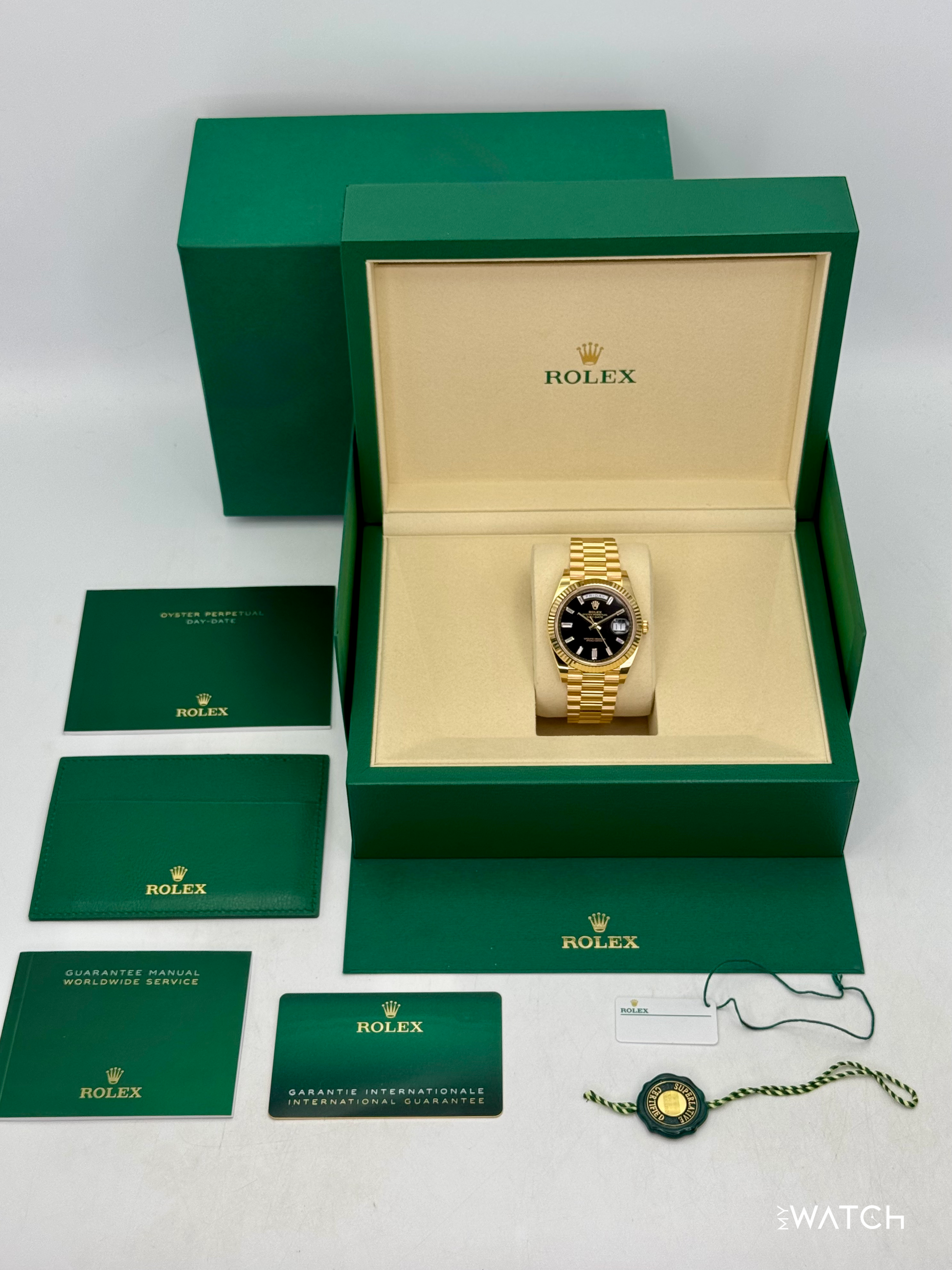 NEW 2026 Rolex Day-Date 40mm 228238 Yellow Gold Black Diamond Dial - MyWatchLLC