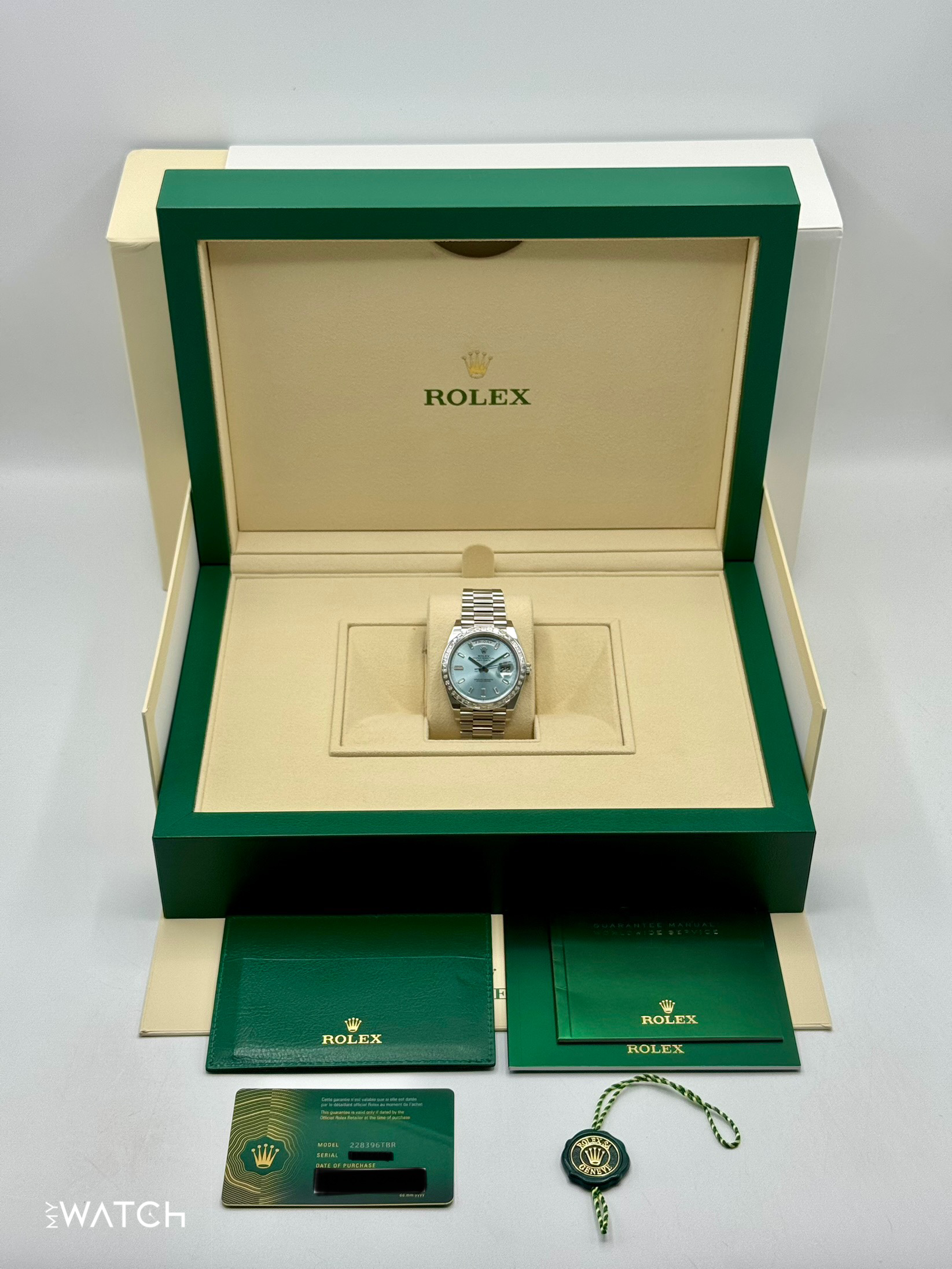 NEW 2024 Rolex Day-Date 40mm 228396TBR Ice Blue Diamond Baguette Dial - MyWatchLLC