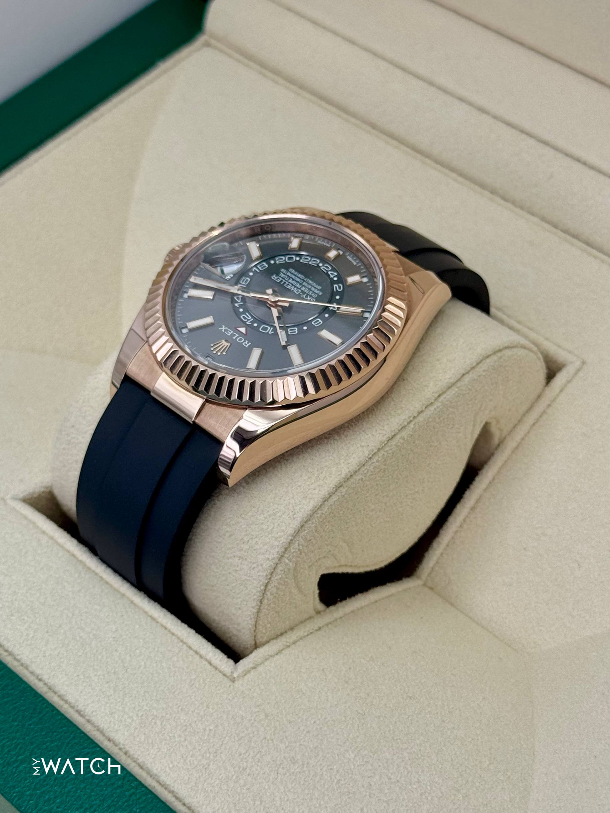 2021 Rolex Sky-Dweller 42mm 326235 Rose Gold Oysterflex Rhodium Dial - MyWatchLLC