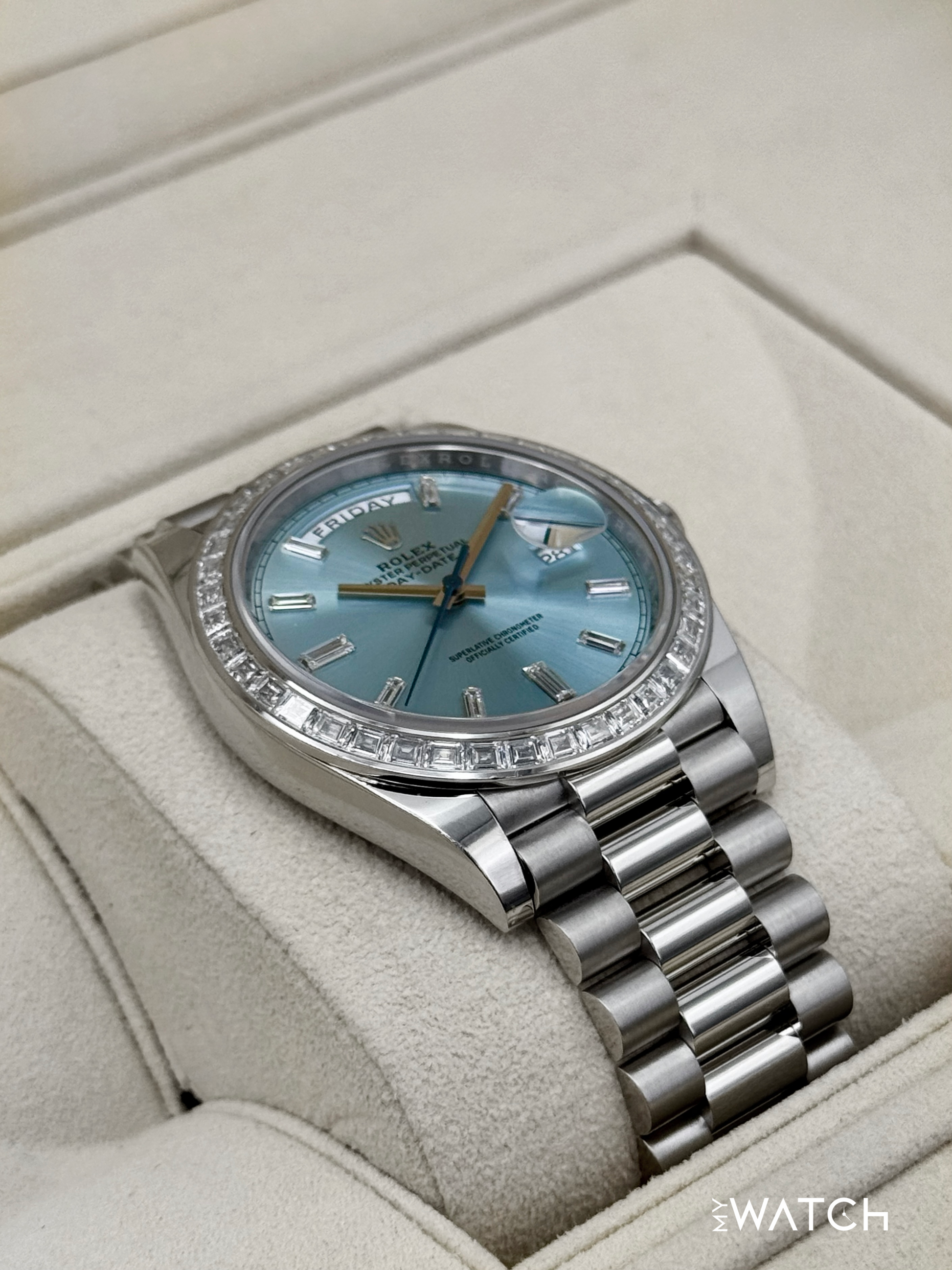 2023 Rolex Day-Date 40mm 228396TBR Ice Blue Diamond Baguette Dial - MyWatchLLC