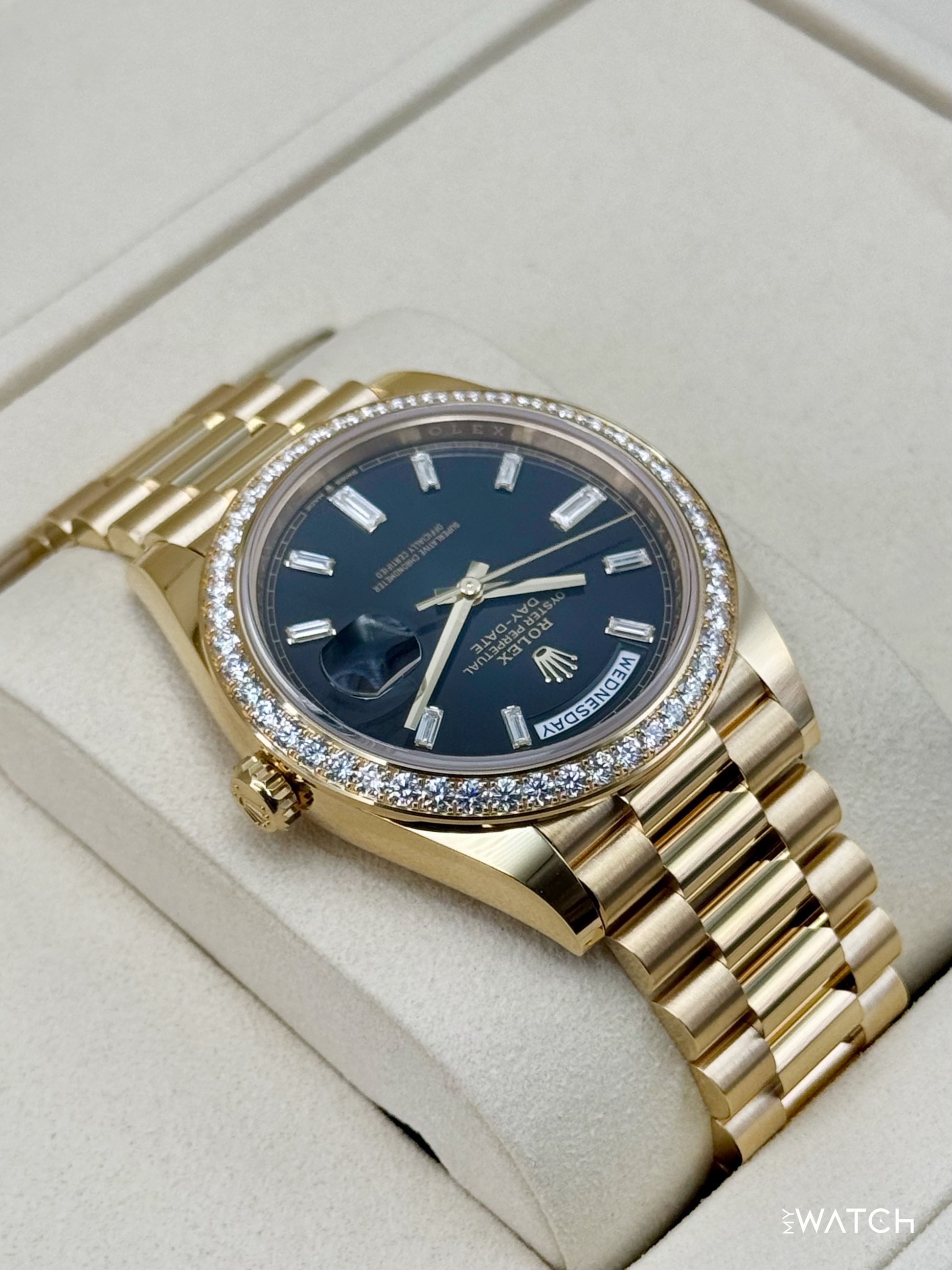 NEW 2026 Rolex Day-Date 40mm 228348RBR Black Diamond Baguette Dial - MyWatchLLC