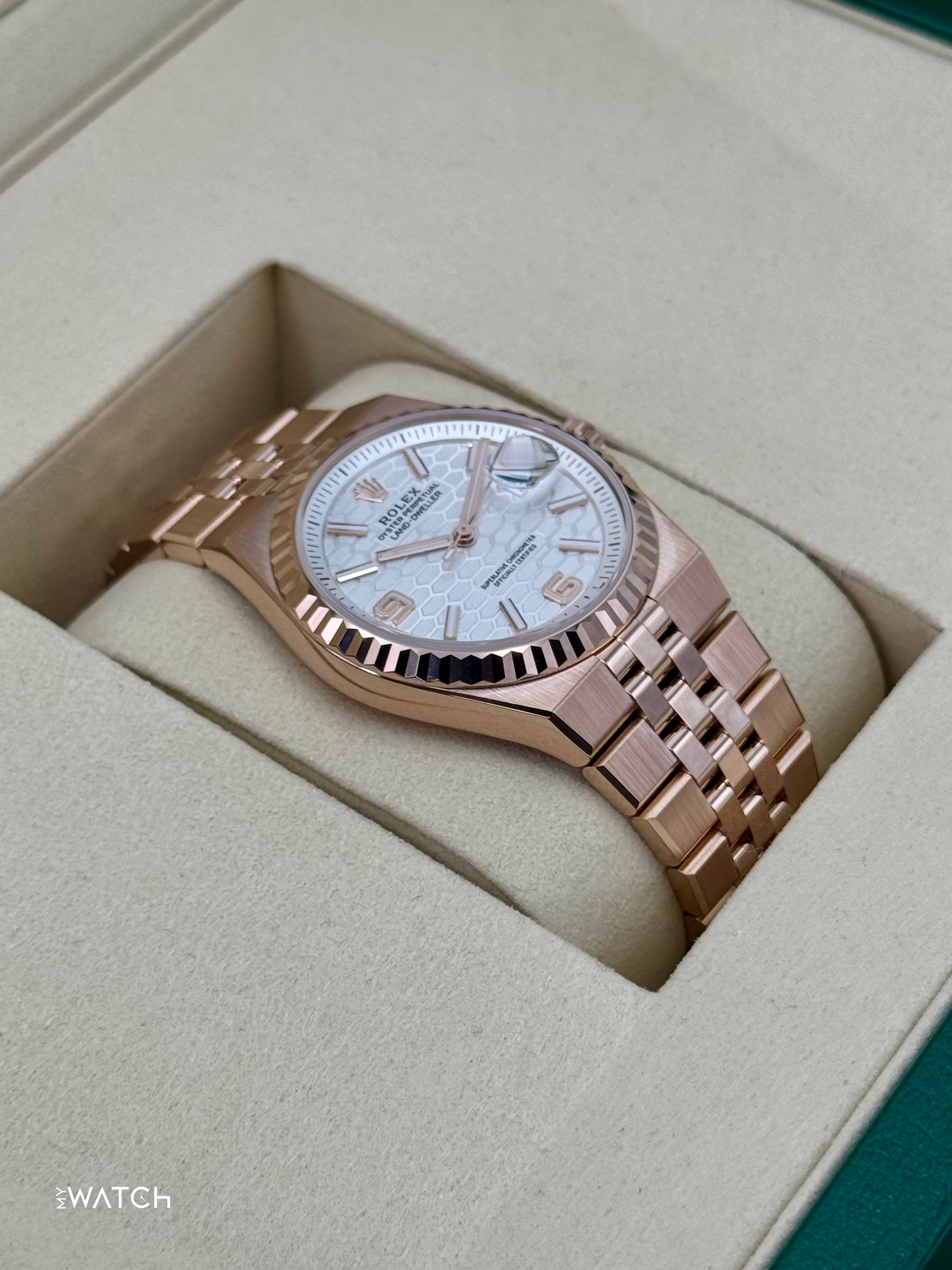 2025 Rolex Land-Dweller 36mm 127235 Rose Gold Flat Jubilee White Dial - MyWatchLLC