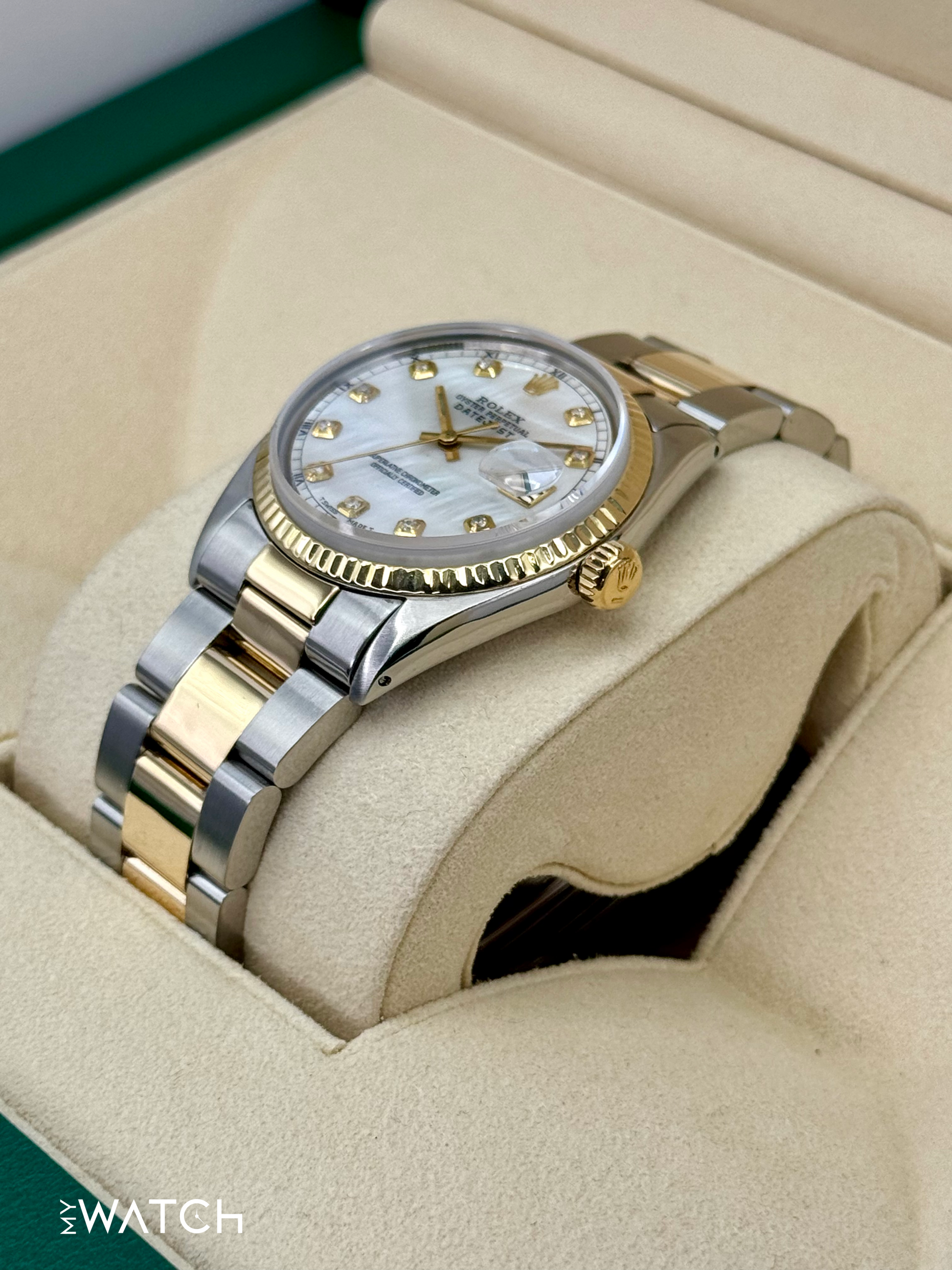 1972 Rolex Datejust 36mm 1601 Two-Tone Oyster Mother of Pearl Diamond Dial - MyWatchLLC