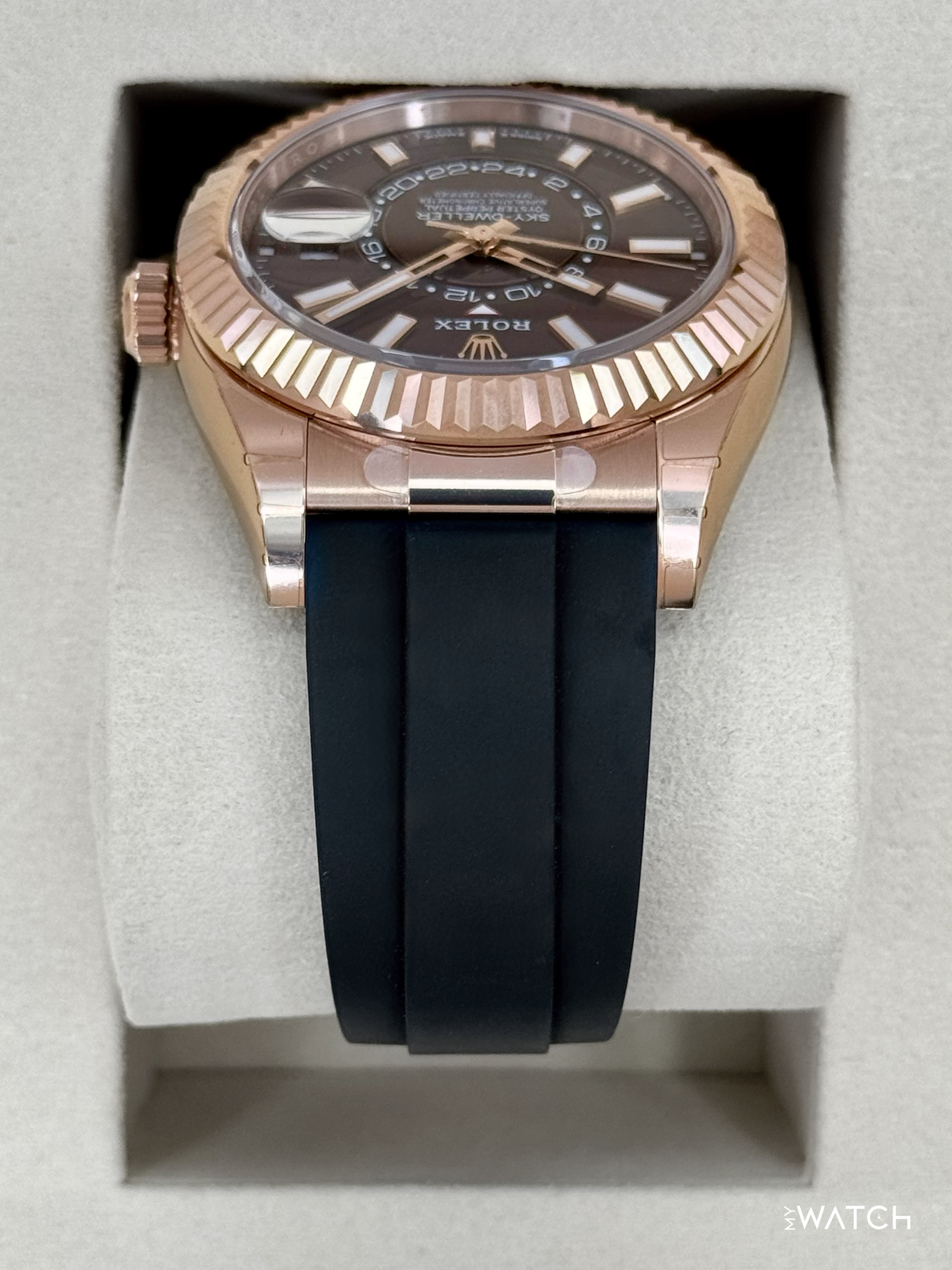 NEW 2026 Rolex Sky-Dweller 42mm 336235 Rose Gold Oysterflex Chocolate Dial (STICKERED) - MyWatchLLC