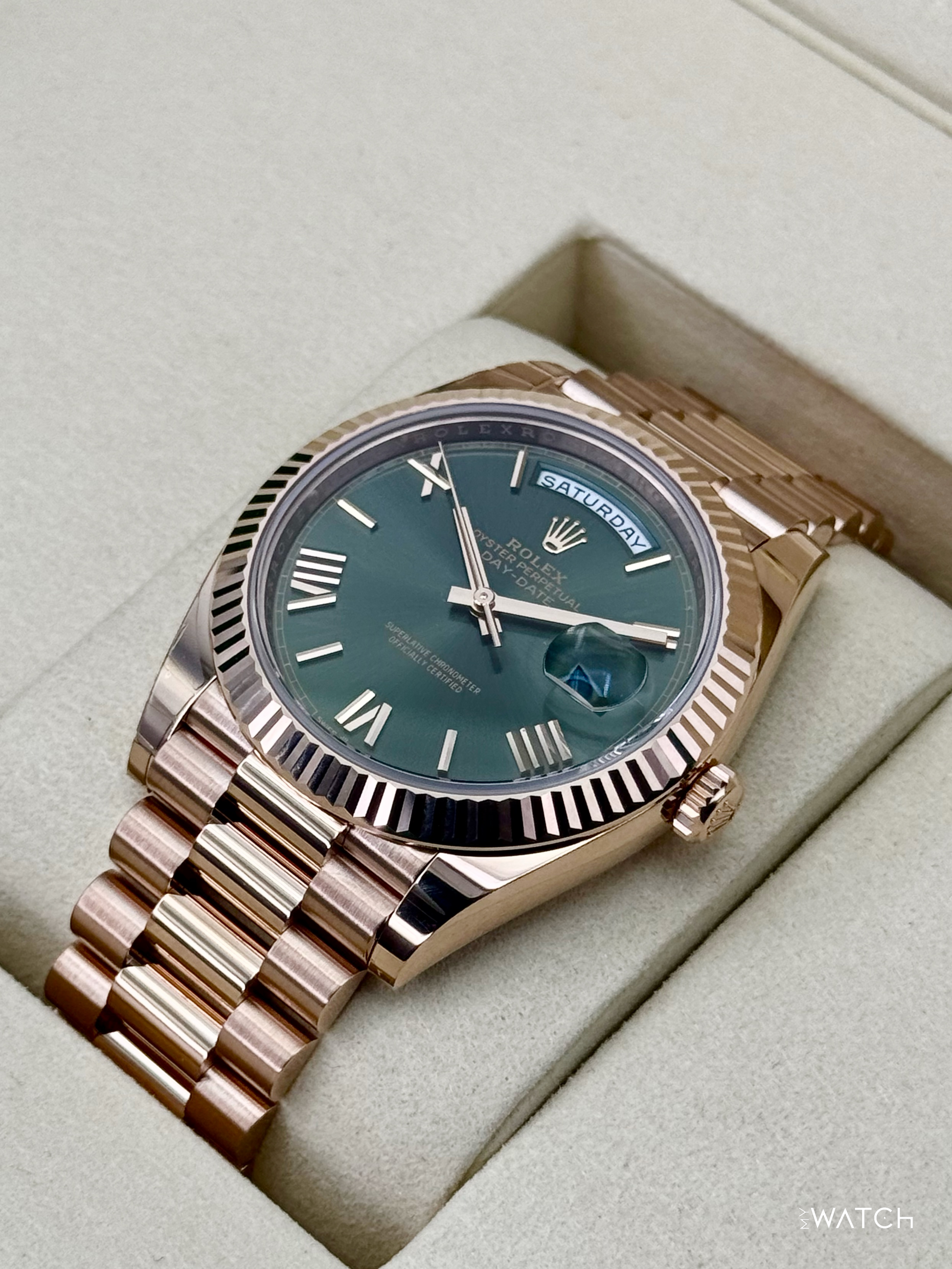 NEW 2025 Rolex Day-Date 40mm 228235 Presidential Rose Gold Olive Green Dial (STICKERED) - MyWatchLLC