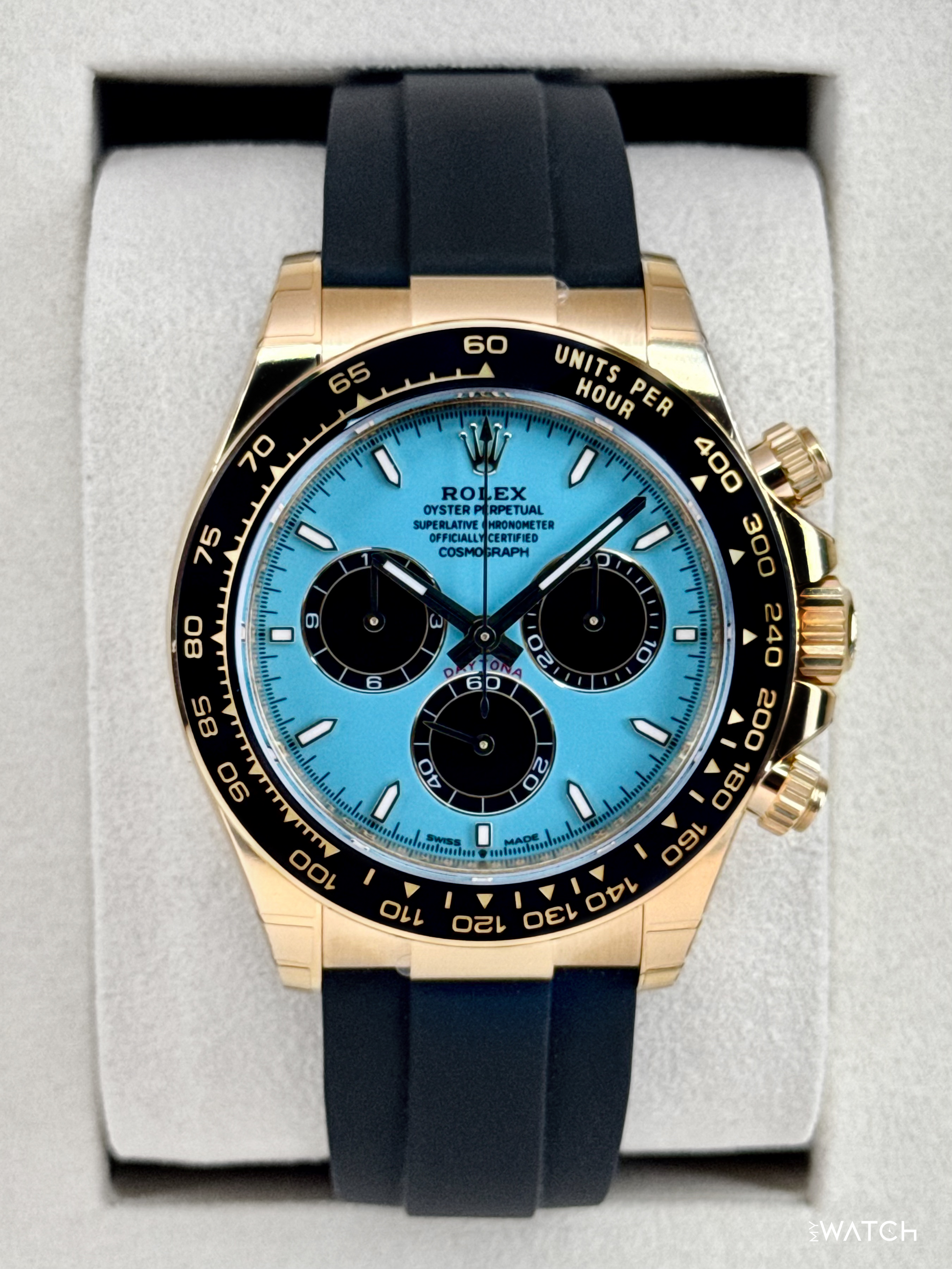 NEW 2026 Rolex Daytona 40mm 126518LN Yellow Gold Oysterflex Turquoise Dial (STICKERED) - MyWatchLLC