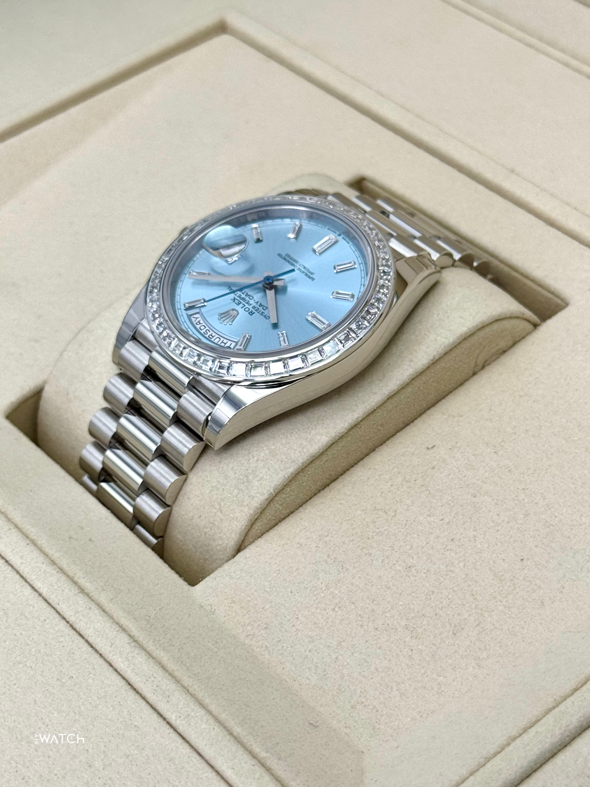 NEW 2025 Rolex Day-Date 40mm 228396TBR Ice Blue Diamond Baguette Dial - MyWatchLLC
