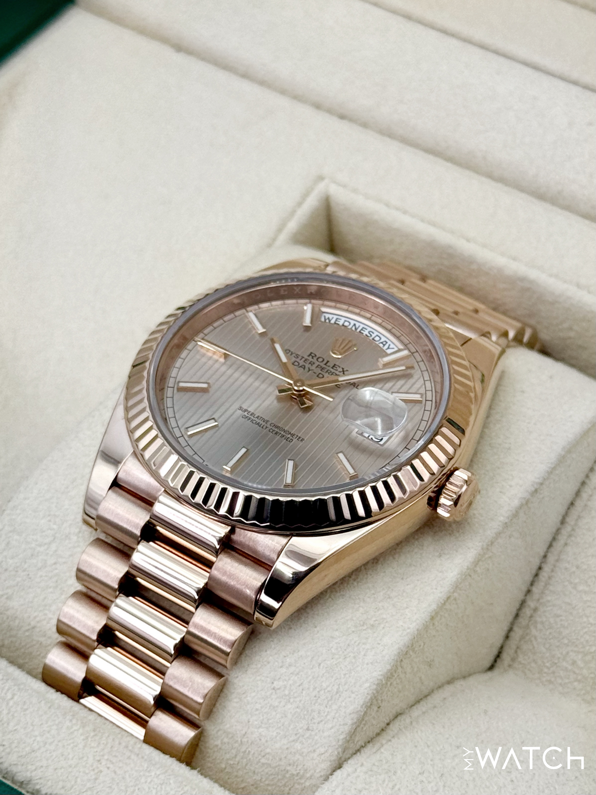 2018 Rolex Day-Date 40mm 228235 Presidential Rose Gold Stripe Motif Dial - MyWatchLLC