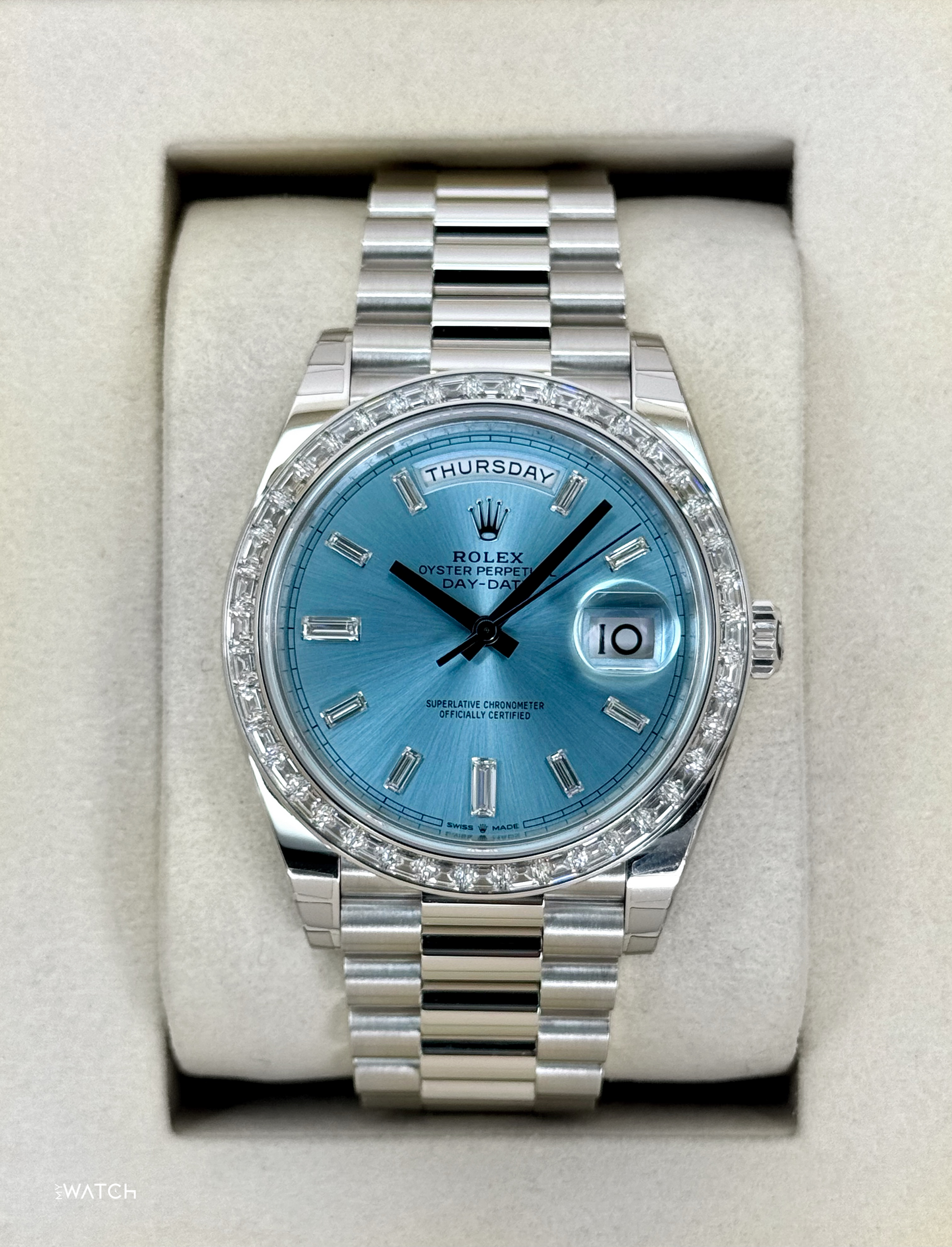 NEW 2025 Rolex Day-Date 40mm 228396TBR Ice Blue Diamond Baguette Dial - MyWatchLLC
