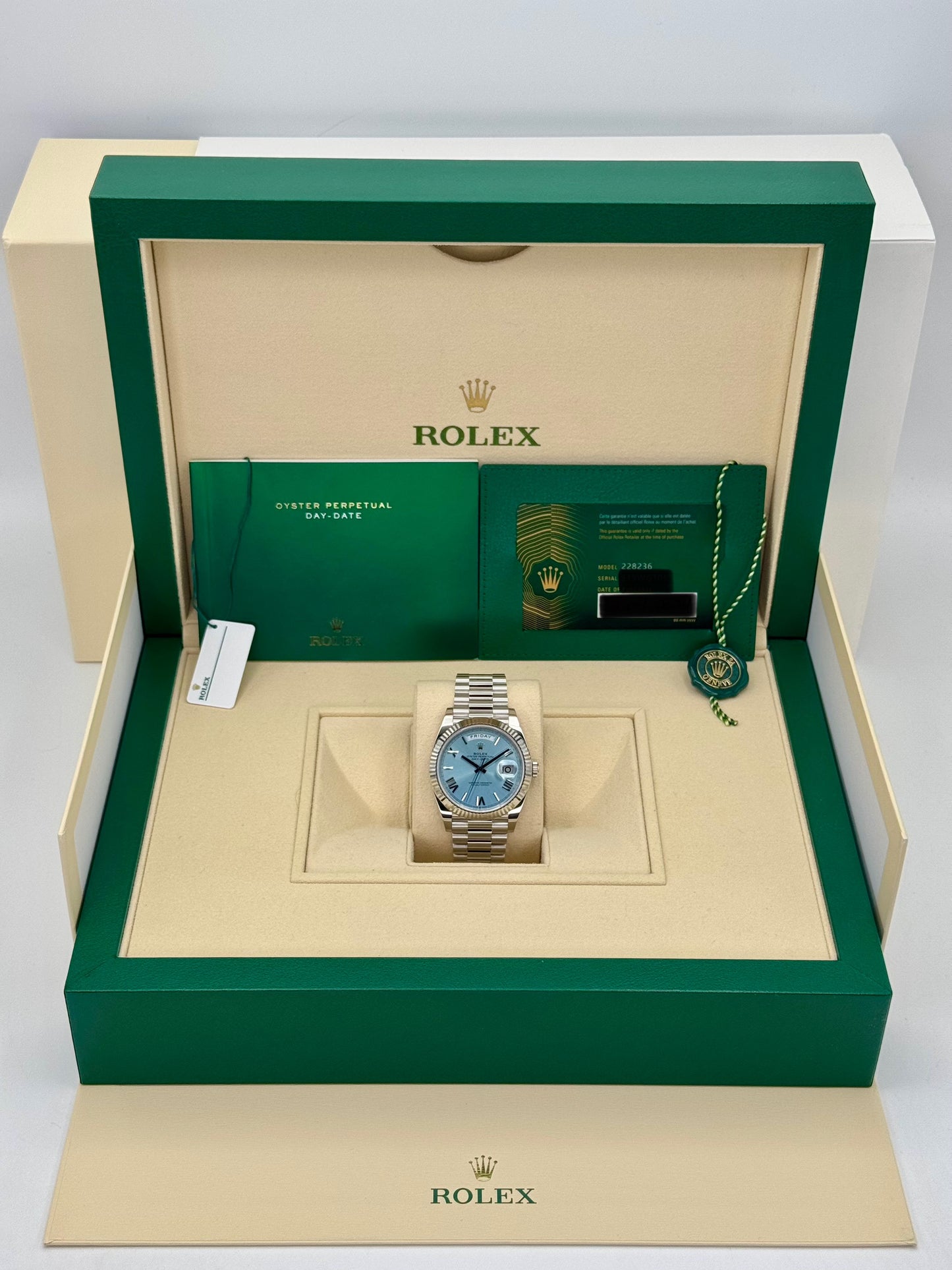 NEW 2024 Rolex Day-Date Platinum 40mm 228236 Ice-Blue Roman Dial - MyWatchLLC