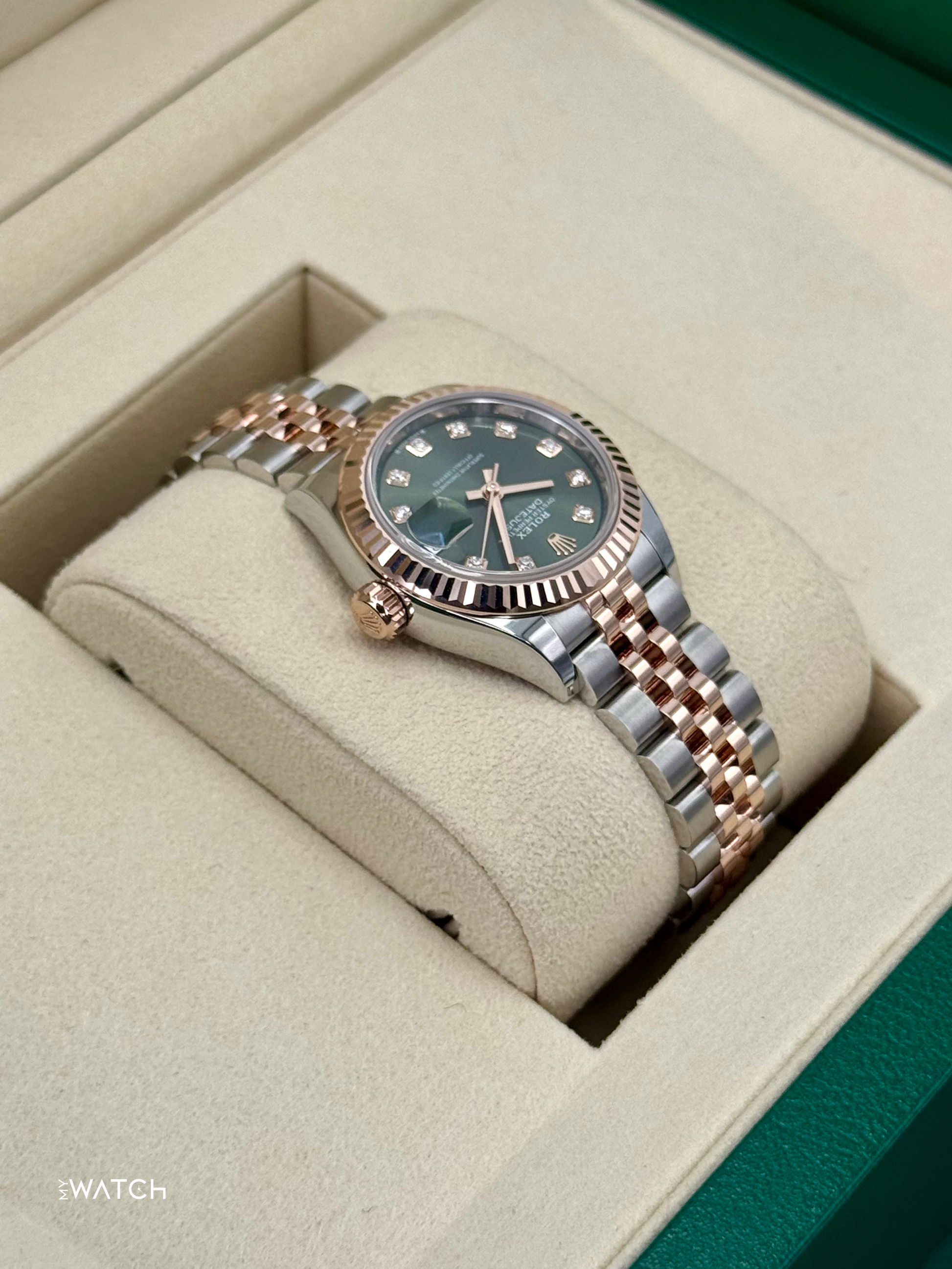 NEW 2025 Rolex Ladies Datejust 28mm 279171 Two-Tone Green Diamond Dial - MyWatchLLC