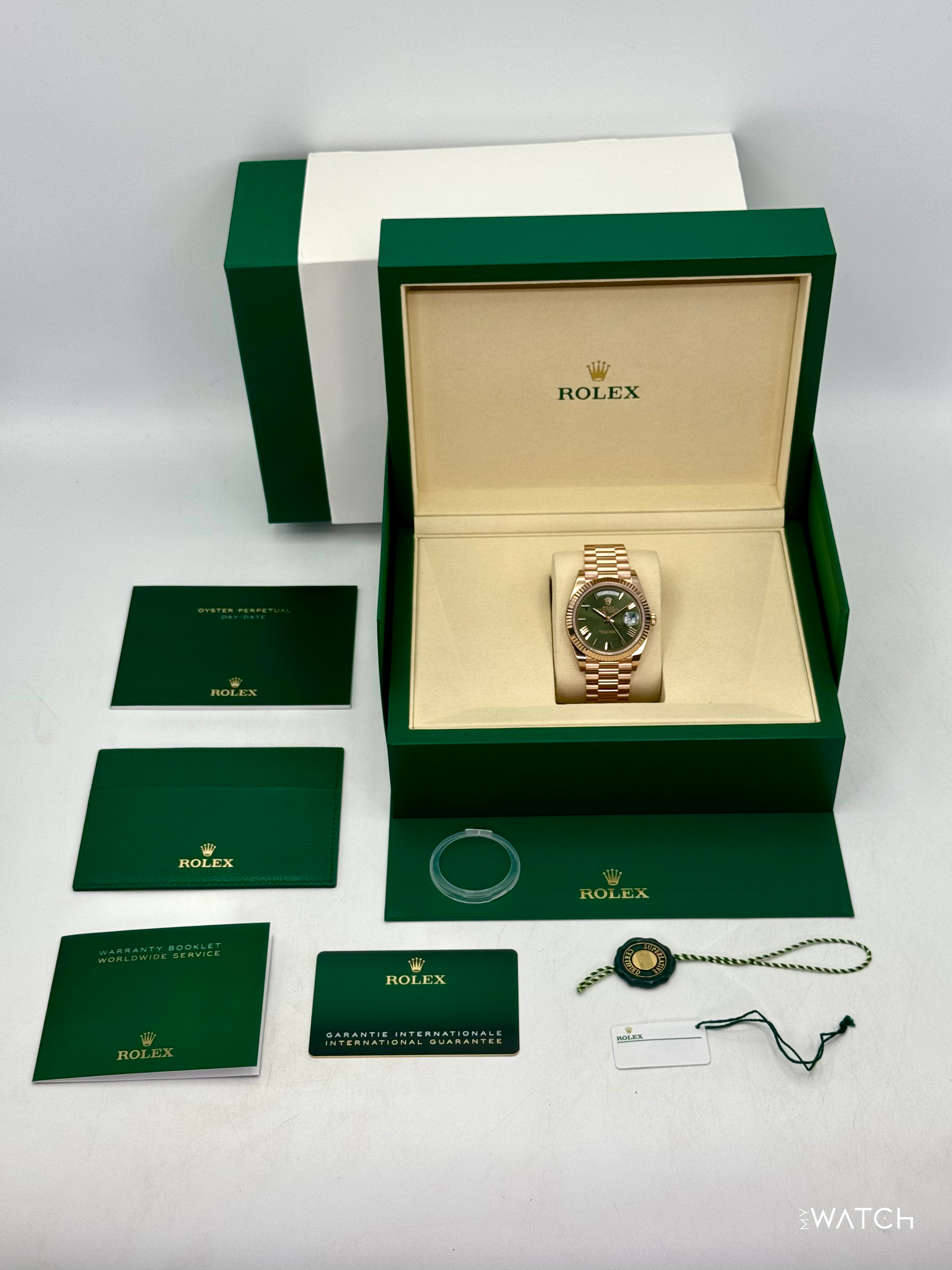 NEW 2025 Rolex Day-Date 40mm 228235 Presidential Rose Gold Olive Green Dial (STICKERED) - MyWatchLLC