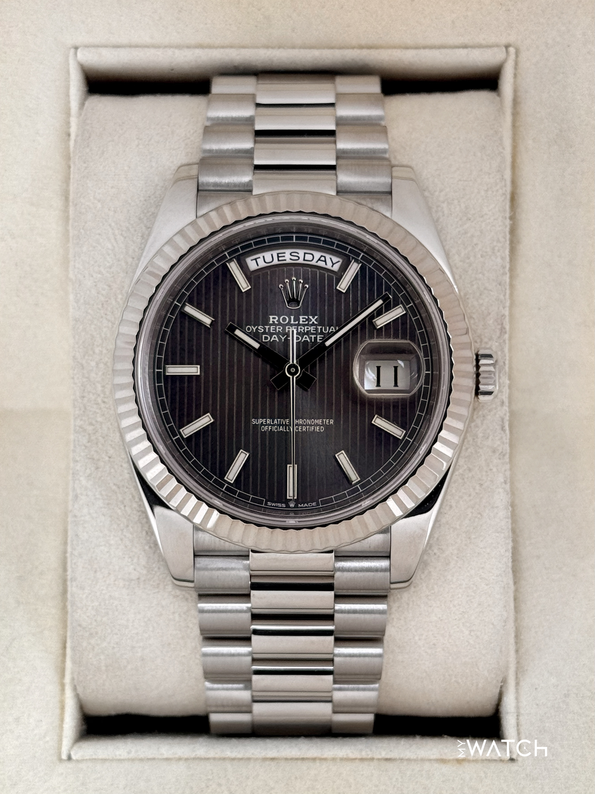 2020 Rolex Day-Date 40mm 228239 White Gold Rhodium Motif Dial - MyWatchLLC