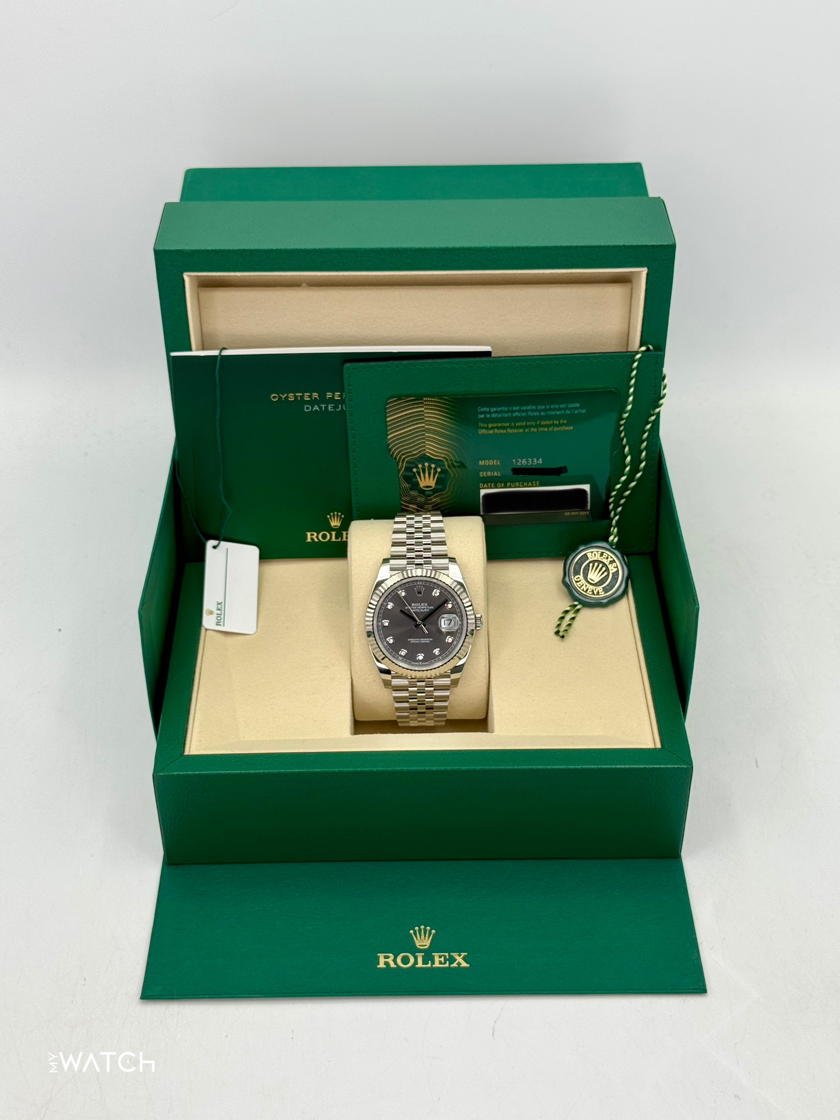 NEW 2025 Rolex Datejust 41mm 126334 Stainless Steel Jubilee Rhodium Diamond Dial - MyWatchLLC
