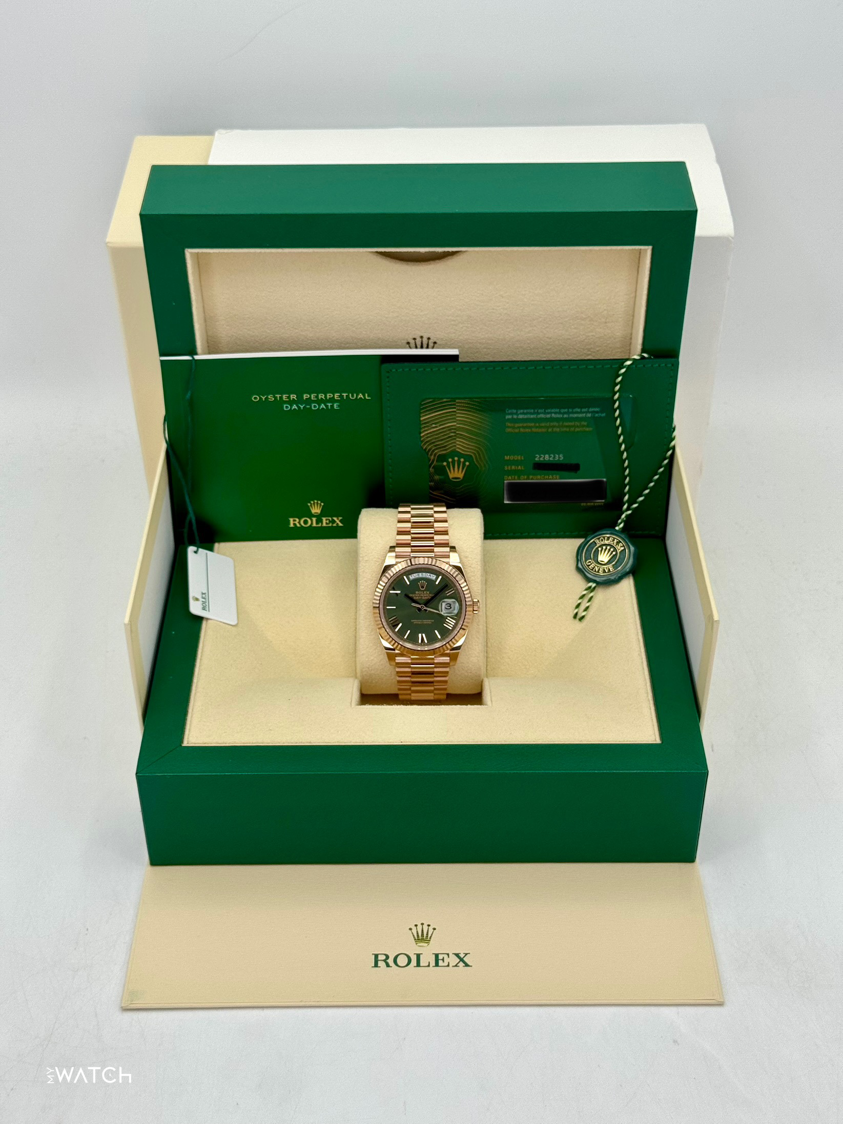 2025 Rolex Day-Date 40mm 228235 Presidential Rose Gold Olive Dial - MyWatchLLC