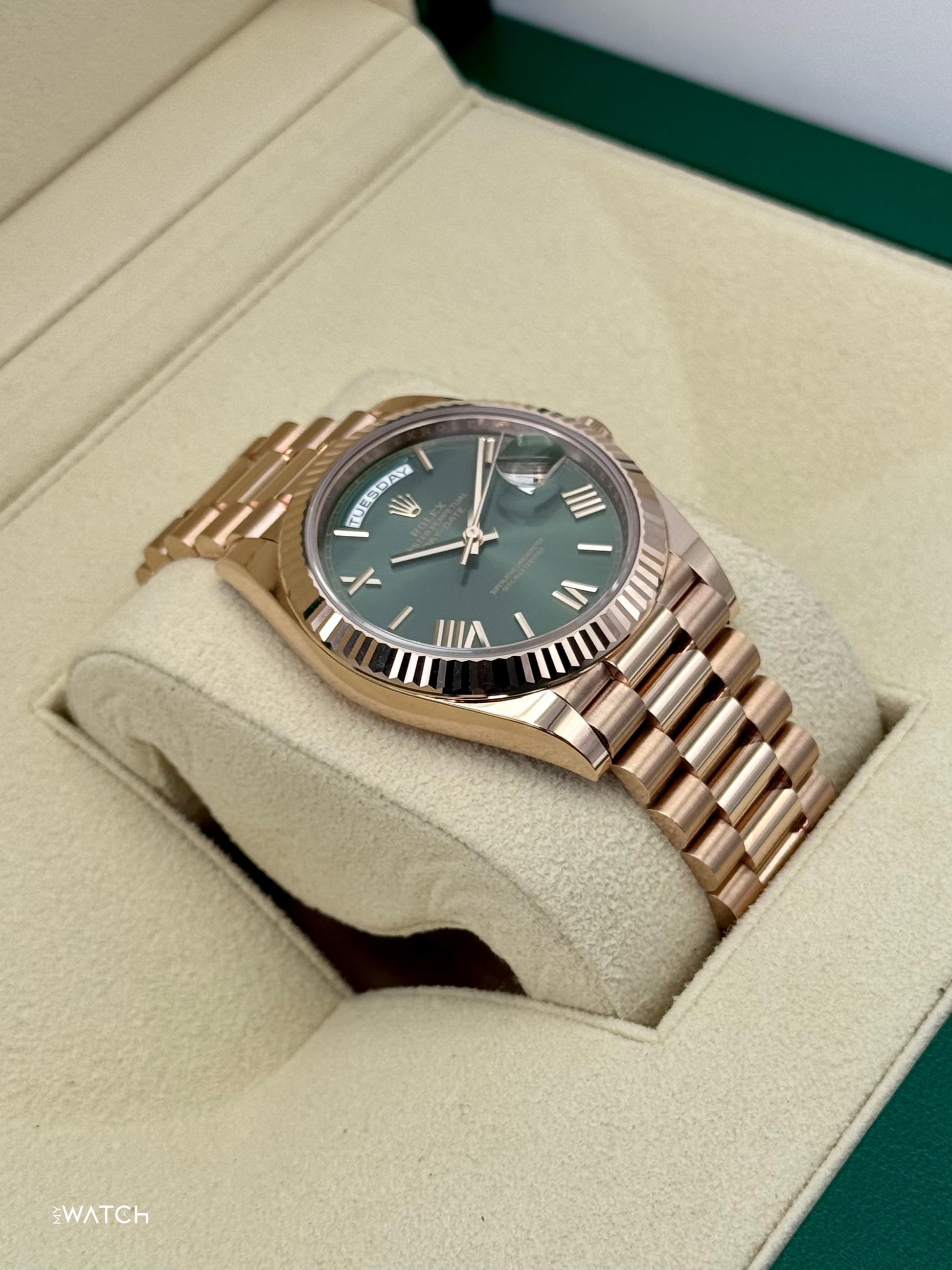 2025 Rolex Day-Date 40mm 228235 Presidential Rose Gold Olive Dial - MyWatchLLC