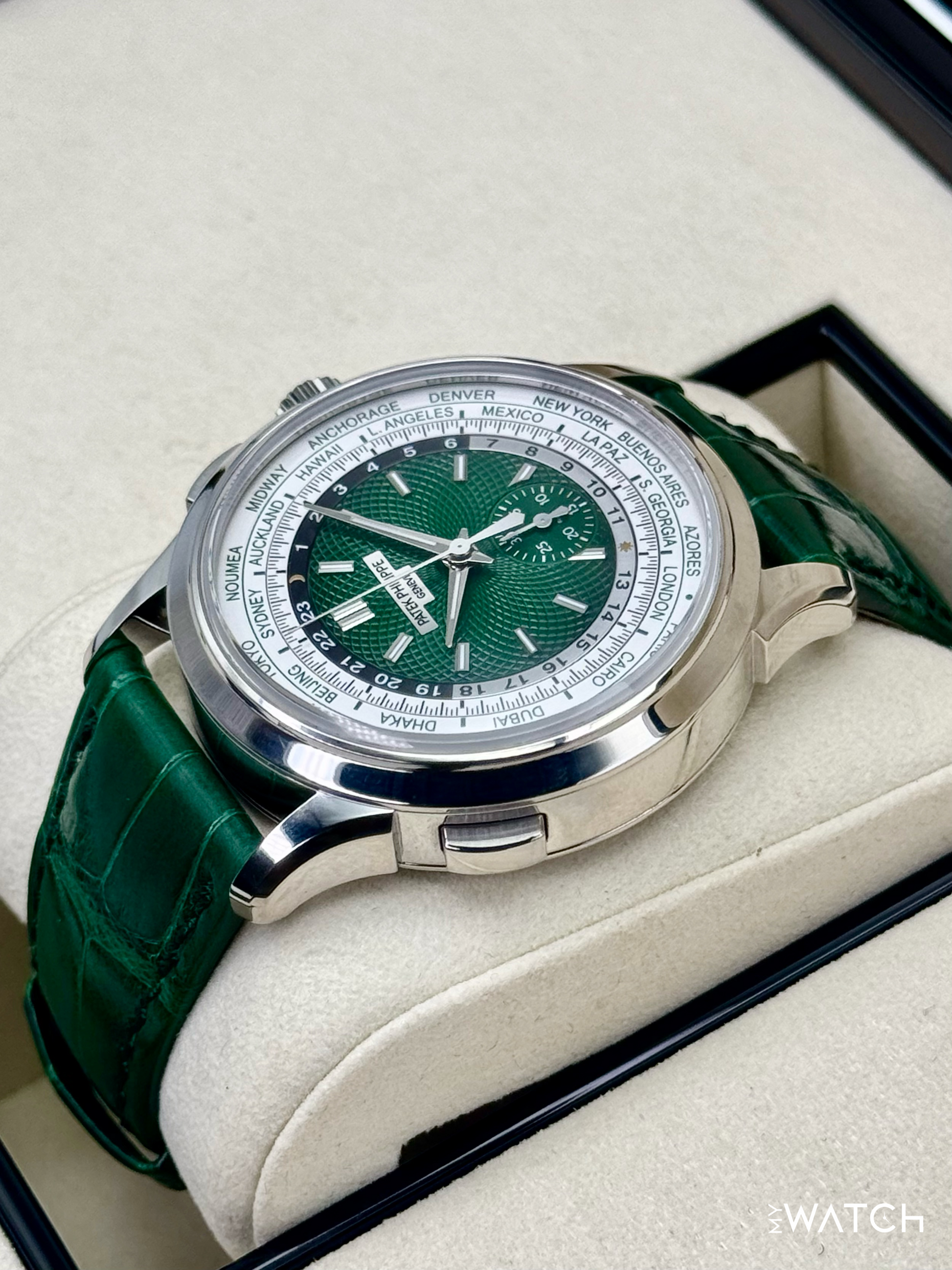 2025 Patek Philippe 5930P World Time Flyback Chronograph Platinum Green Dial - MyWatchLLC