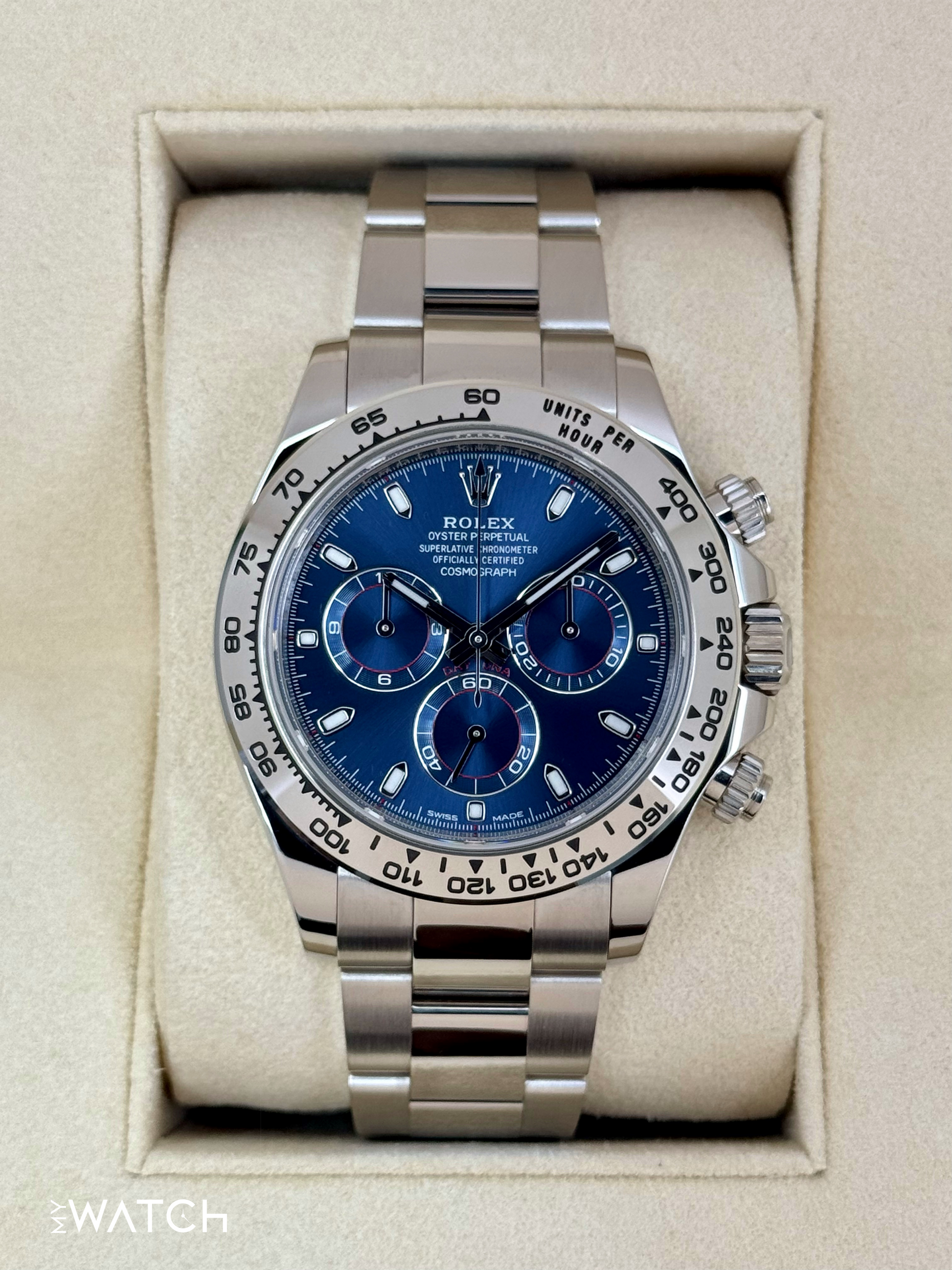 2019 Rolex Daytona 40mm 116509 White Gold Blue Dial - MyWatchLLC