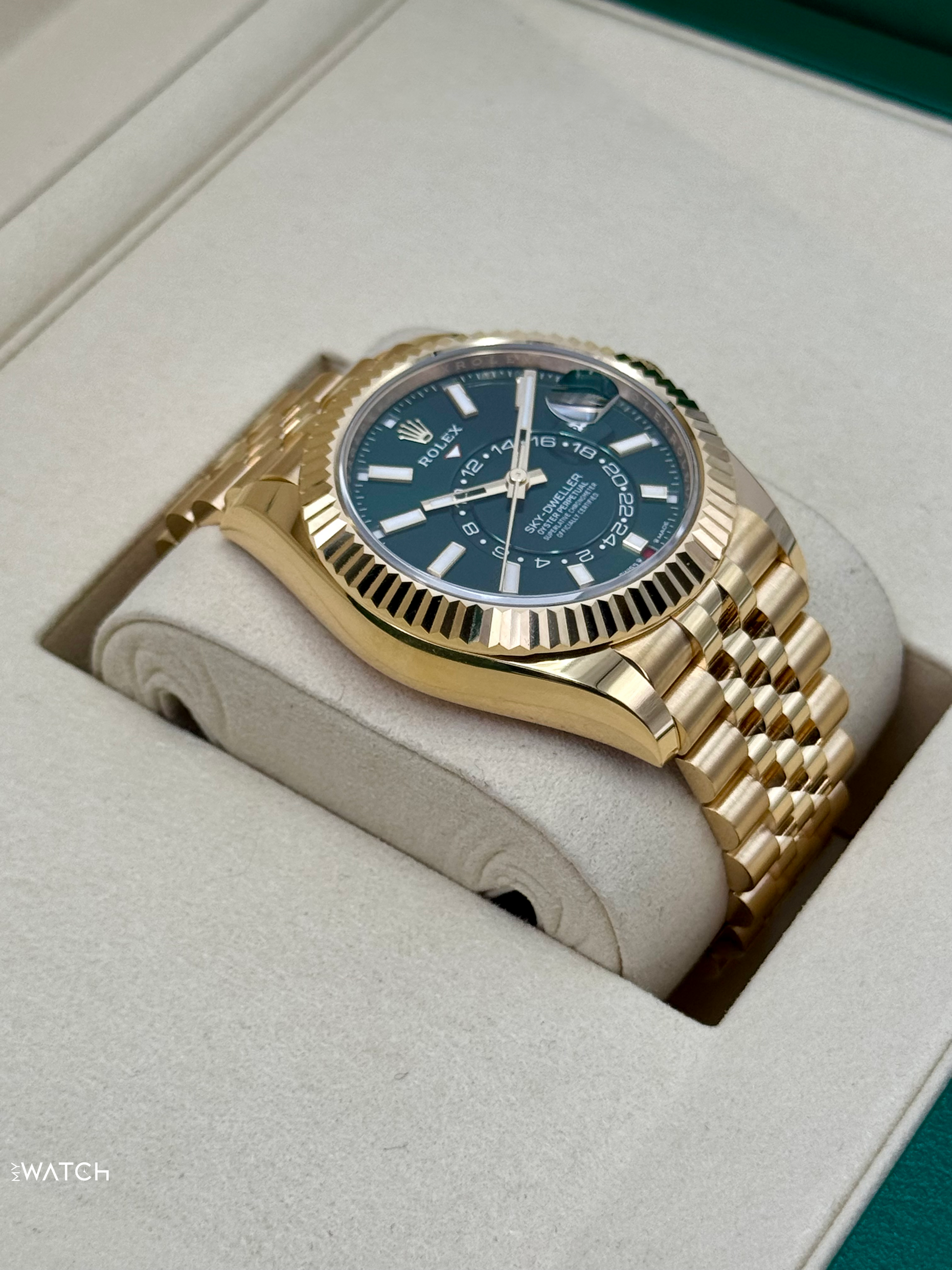 2025 Rolex Sky-Dweller 42mm 336938 Yellow Gold Jubilee Green Dial - MyWatchLLC