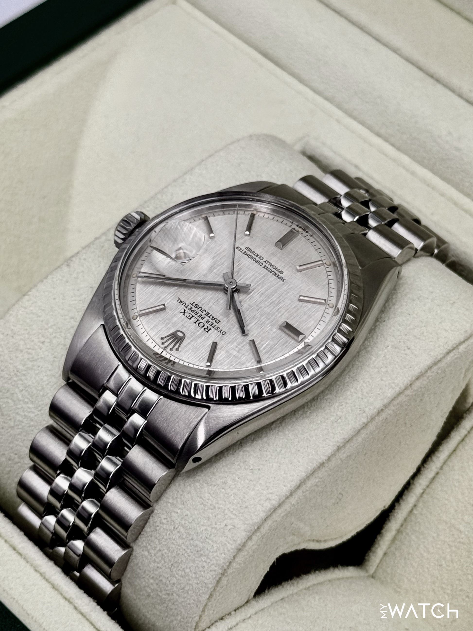1970 Rolex Datejust 36mm 1603 Stainless Steel Jubilee Silver Linen Dial - MyWatchLLC