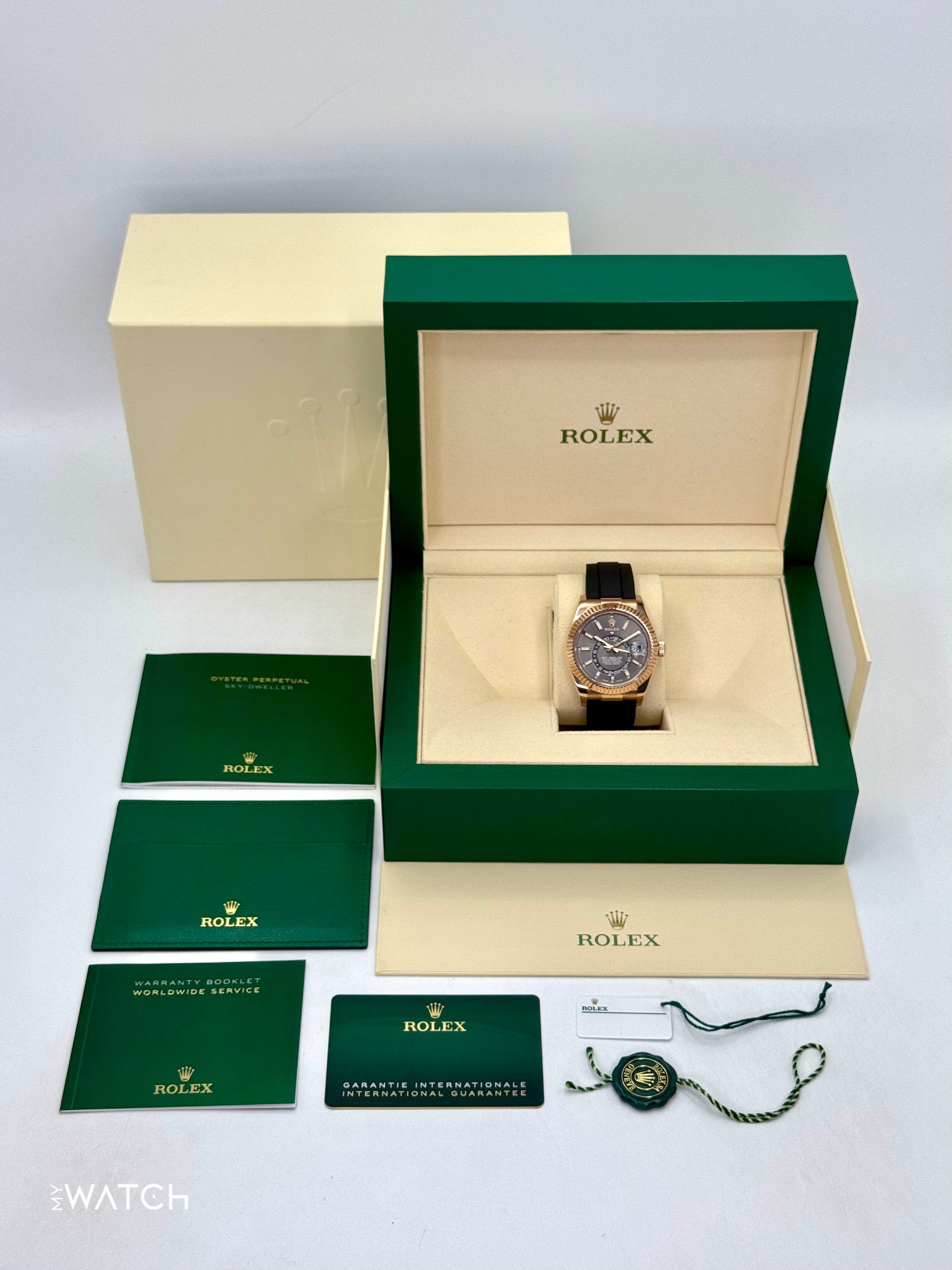 2021 Rolex Sky-Dweller 42mm 326235 Rose Gold Oysterflex Rhodium Dial - MyWatchLLC