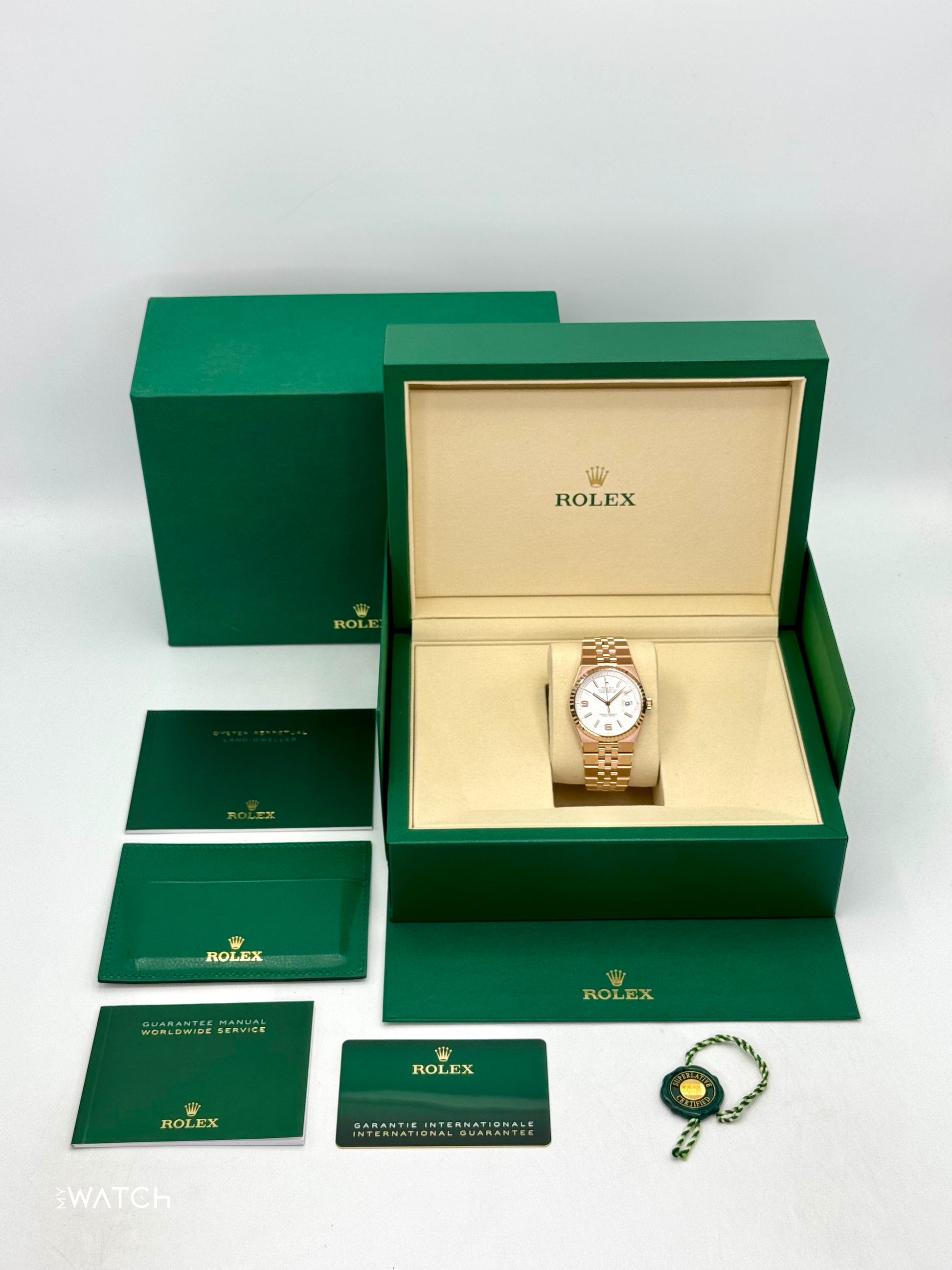 2025 Rolex Land-Dweller 36mm 127235 Rose Gold Flat Jubilee White Dial - MyWatchLLC