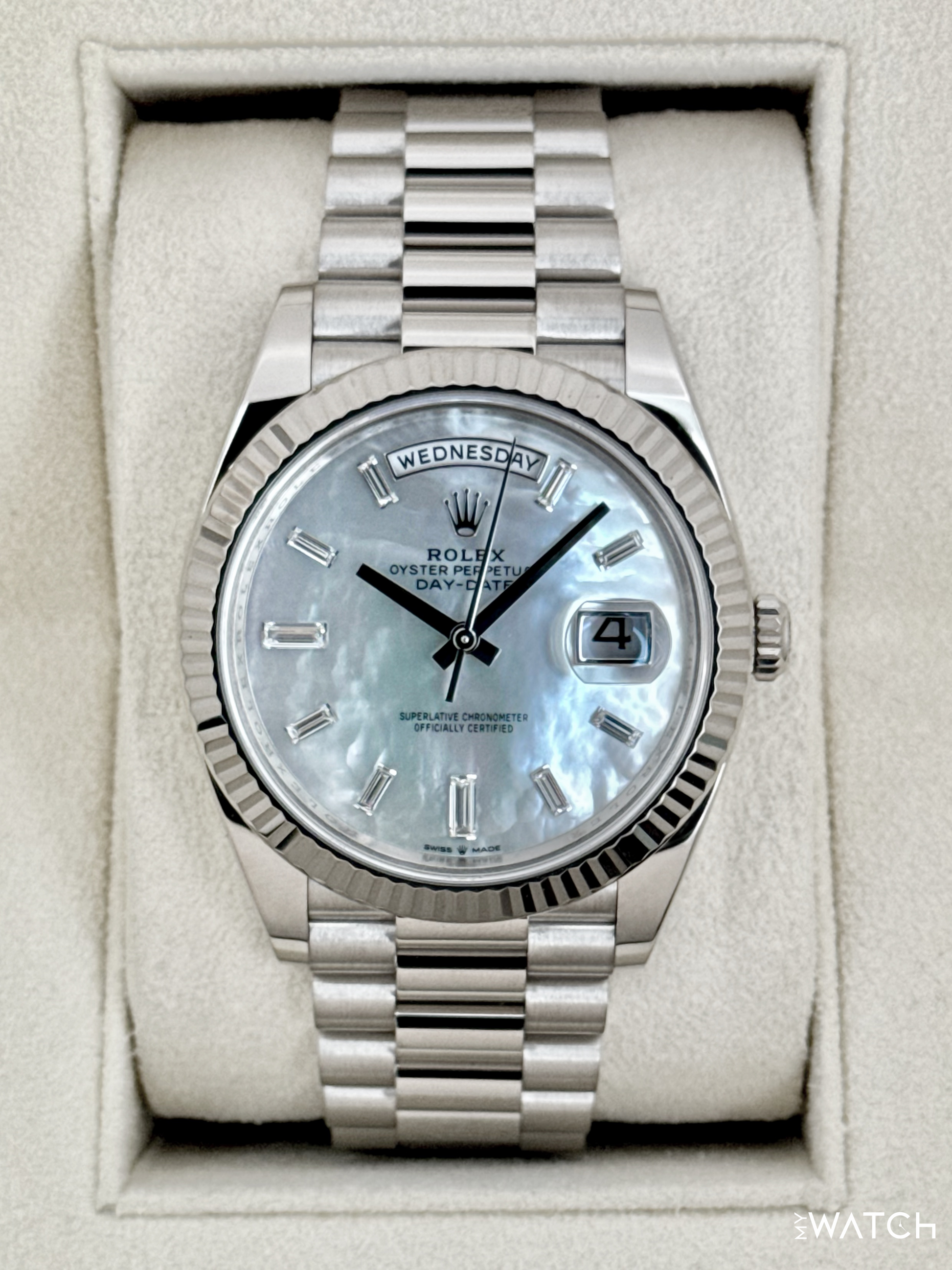 2024 Rolex Day-Date 40mm 228239 Presidential White Gold MOP Diamond Dial - MyWatchLLC