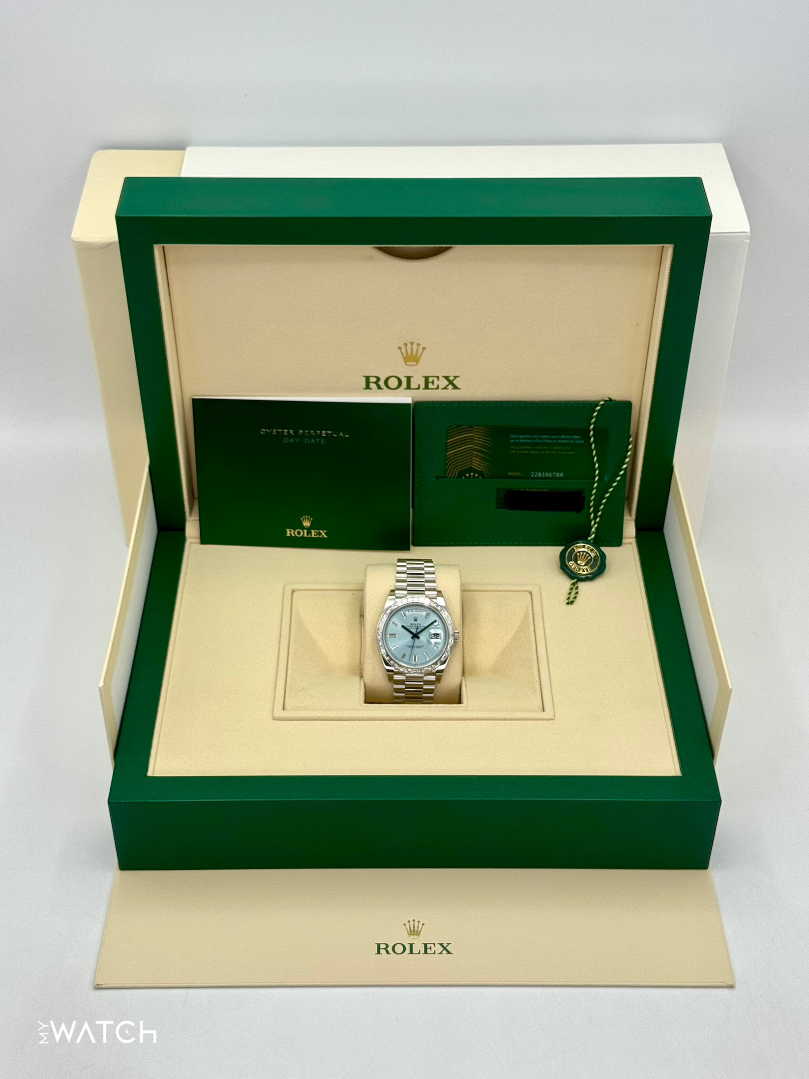 NEW 2024 Rolex Day-Date 40mm 228396TBR Ice Blue Diamond Baguette Dial - MyWatchLLC