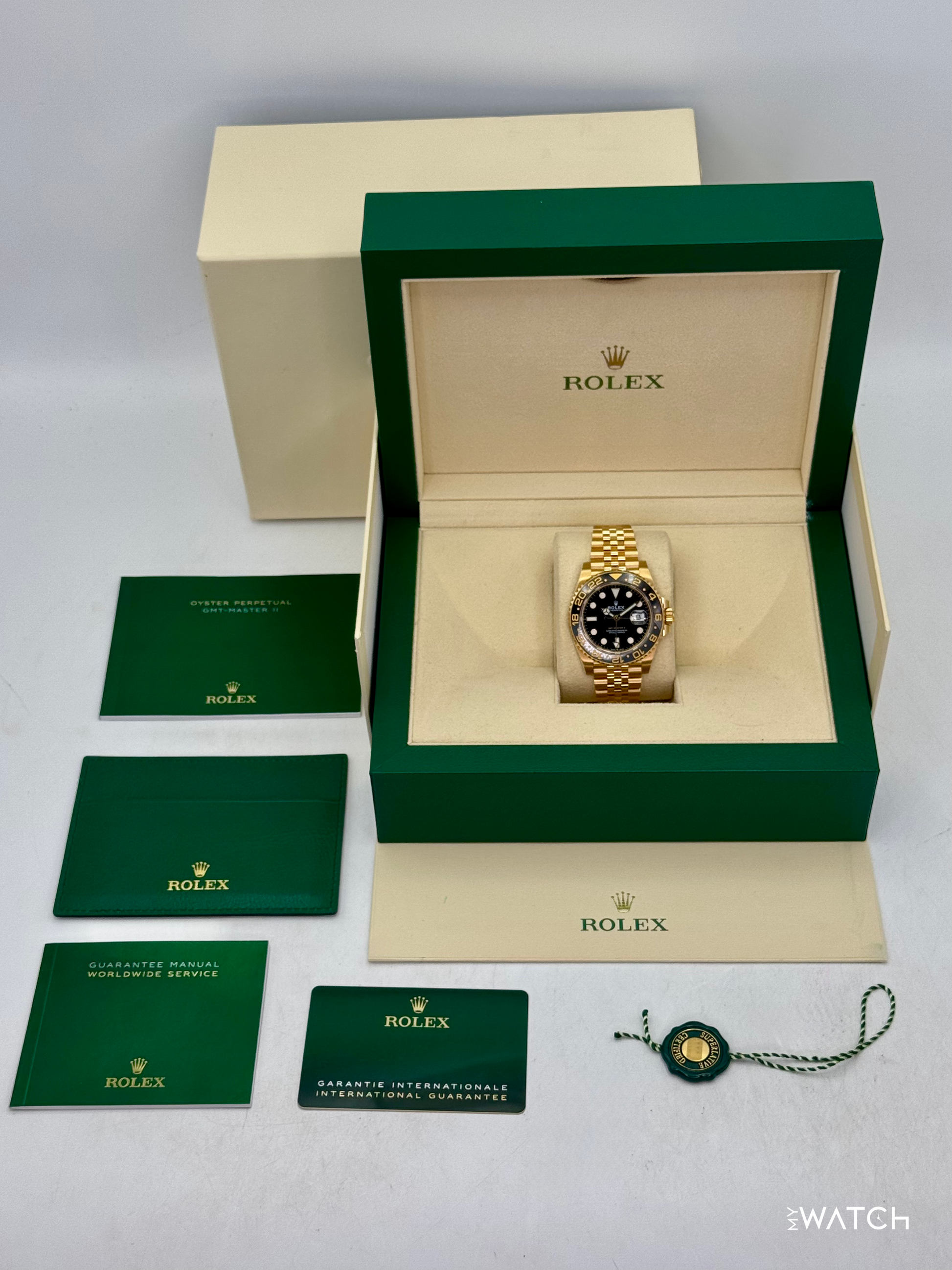 2023 Rolex GMT-Master II 40mm 126718GRNR Yellow Gold Jubilee Black Dial - MyWatchLLC