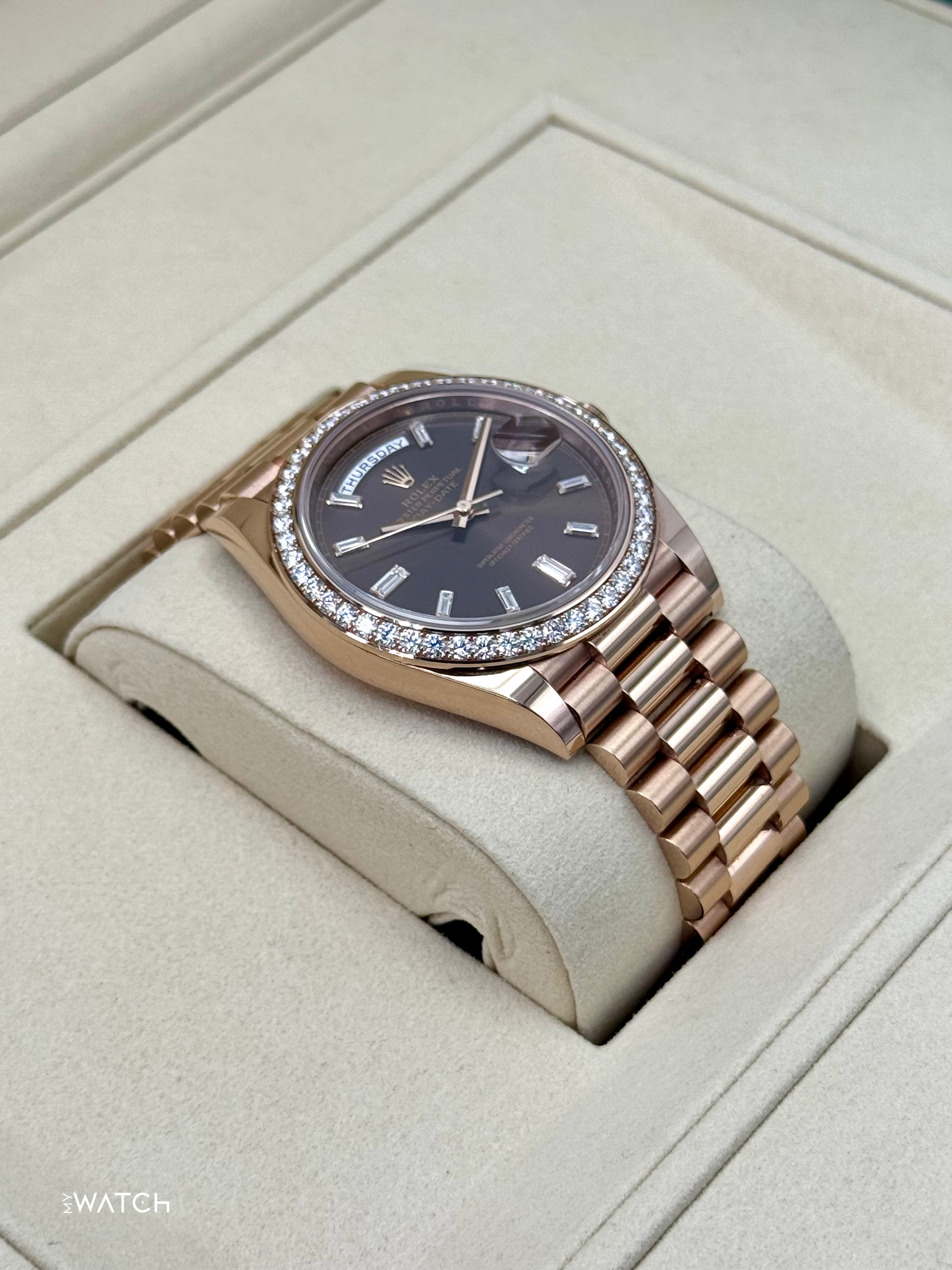 2025 Rolex Day-Date 40mm 228345RBR Rose Gold Chocolate Diamond Dial - MyWatchLLC