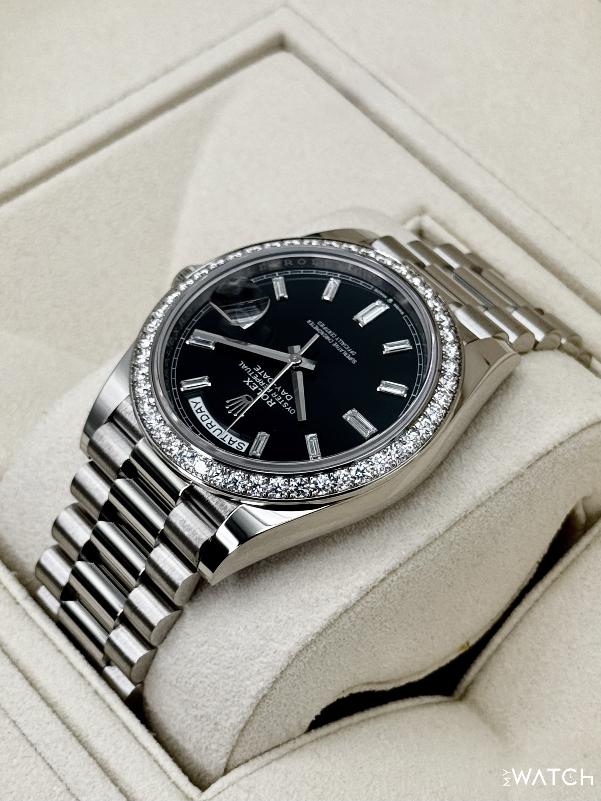 2023 Rolex Day-Date 40mm 228349RBR Presidential Black Diamond Baguette Dial - MyWatchLLC