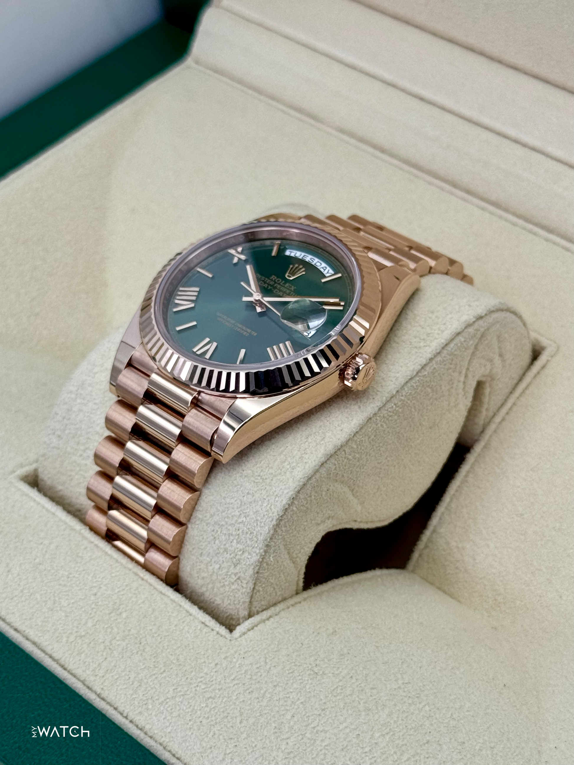 2025 Rolex Day-Date 40mm 228235 Presidential Rose Gold Olive Dial - MyWatchLLC