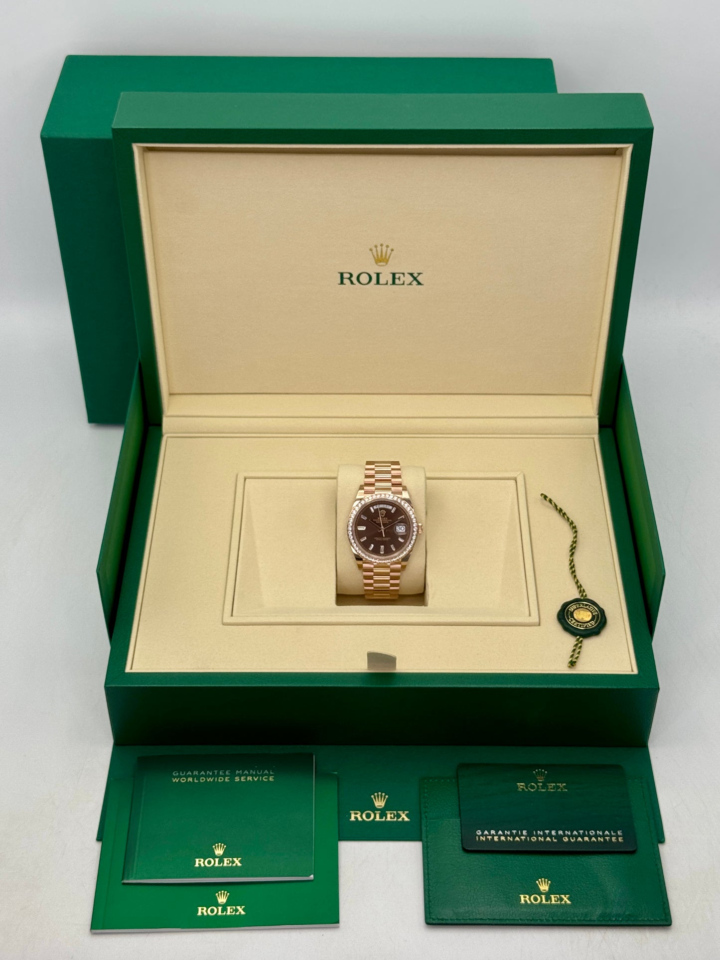 NEW 2026 Rolex Day-Date 40mm 228345RBR Rose Gold Chocolate Diamond Dial (NEW STYLE CARD and STICKERED)