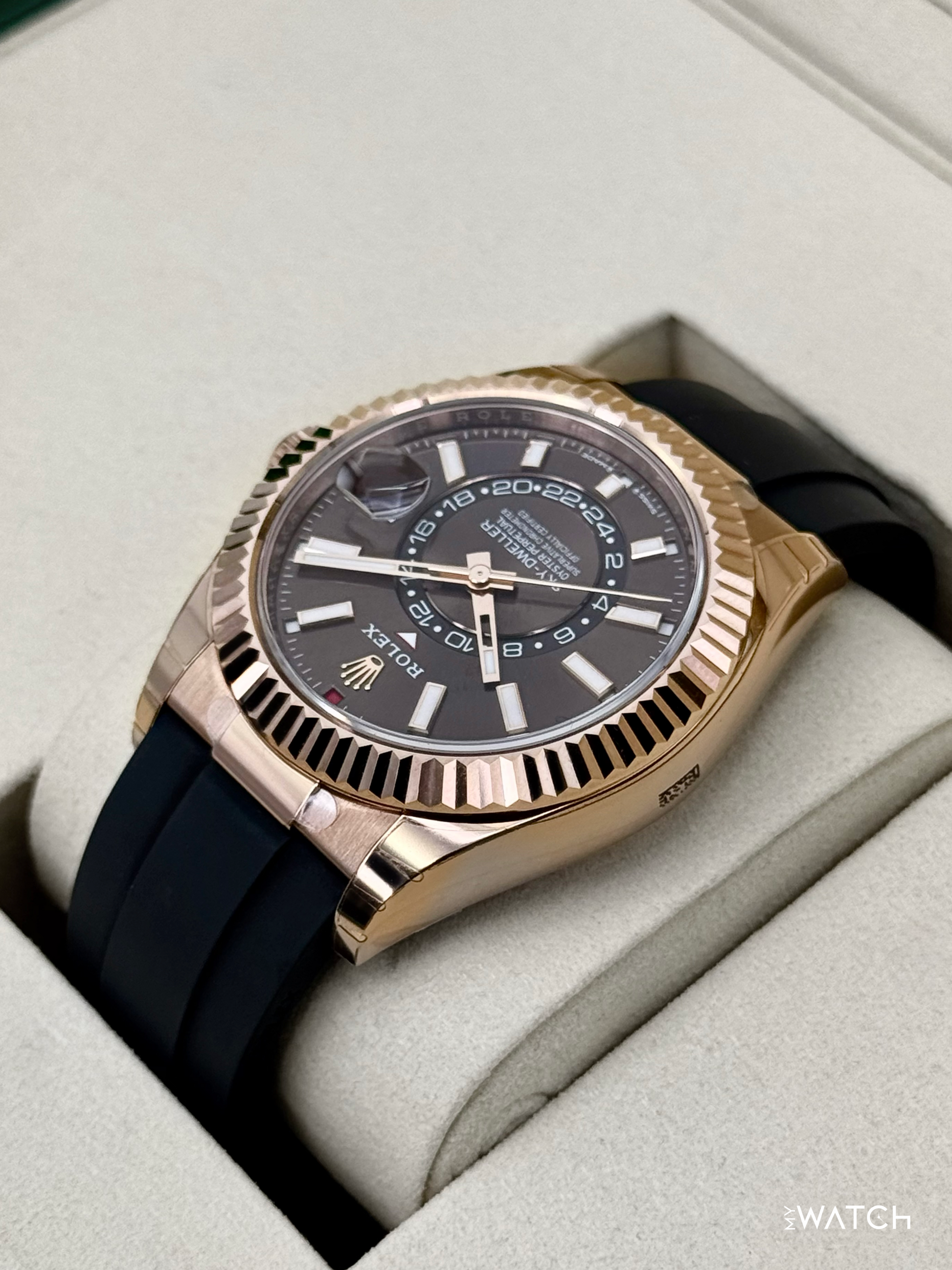 NEW 2026 Rolex Sky-Dweller 42mm 336235 Rose Gold Oysterflex Chocolate Dial (STICKERED) - MyWatchLLC
