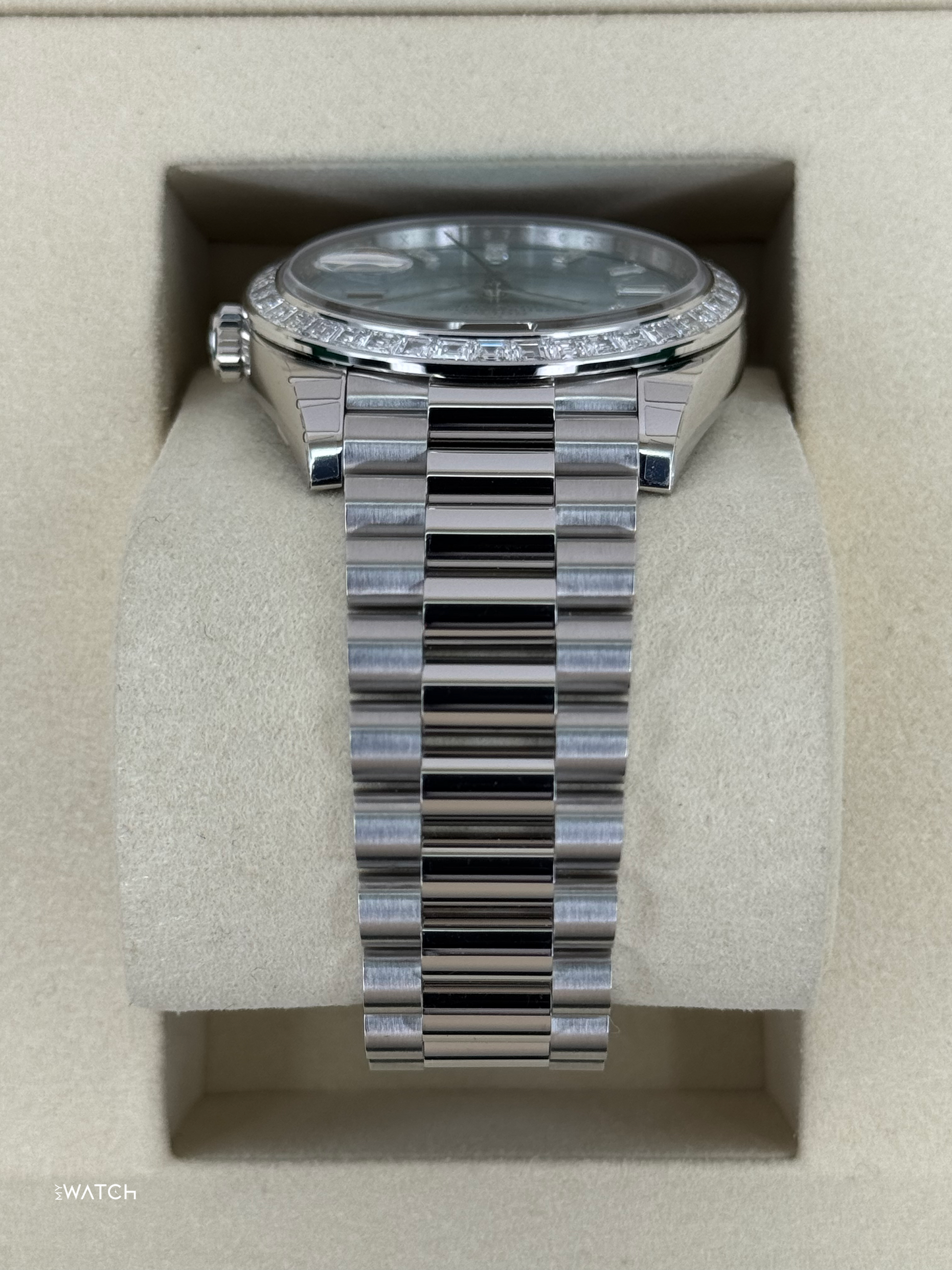 NEW 2025 Rolex Day-Date 40mm 228396TBR Ice Blue Diamond Baguette Dial - MyWatchLLC