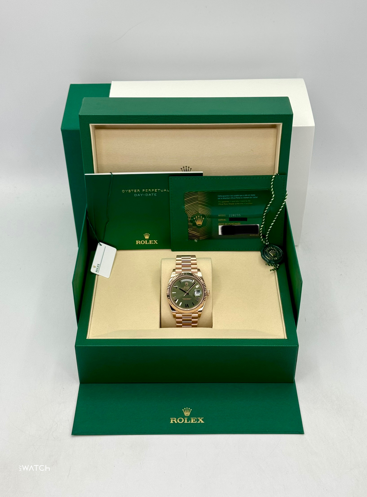 NEW 2025 Rolex Day-Date 40mm 228235 Presidential Rose Gold Olive Green Dial
