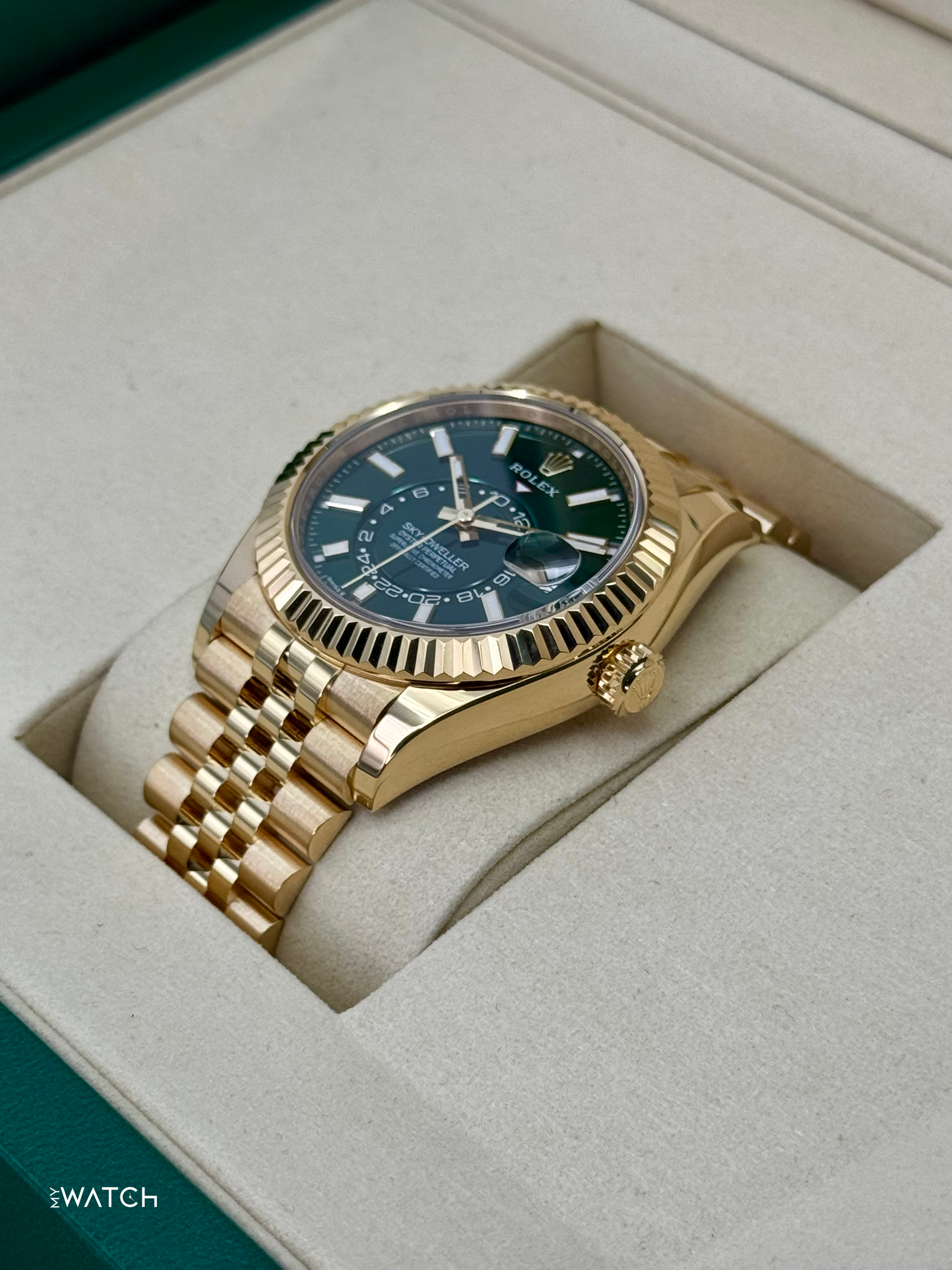 NEW 2025 Rolex Sky-Dweller 42mm 336938 Yellow Gold Jubilee Green Dial - MyWatchLLC
