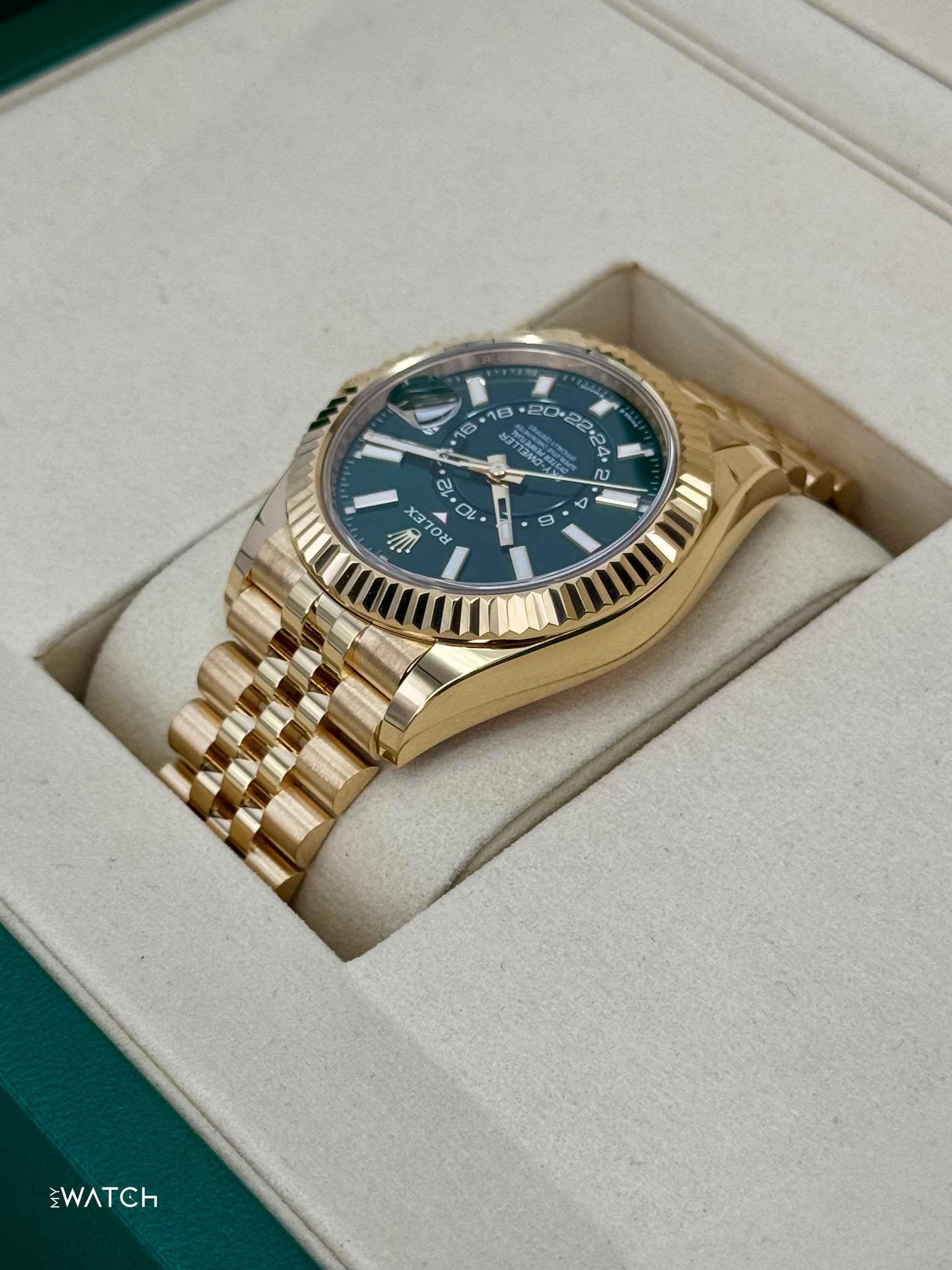 NEW 2025 Rolex Sky-Dweller 42mm 336938 Yellow Gold Jubilee Green Dial - MyWatchLLC
