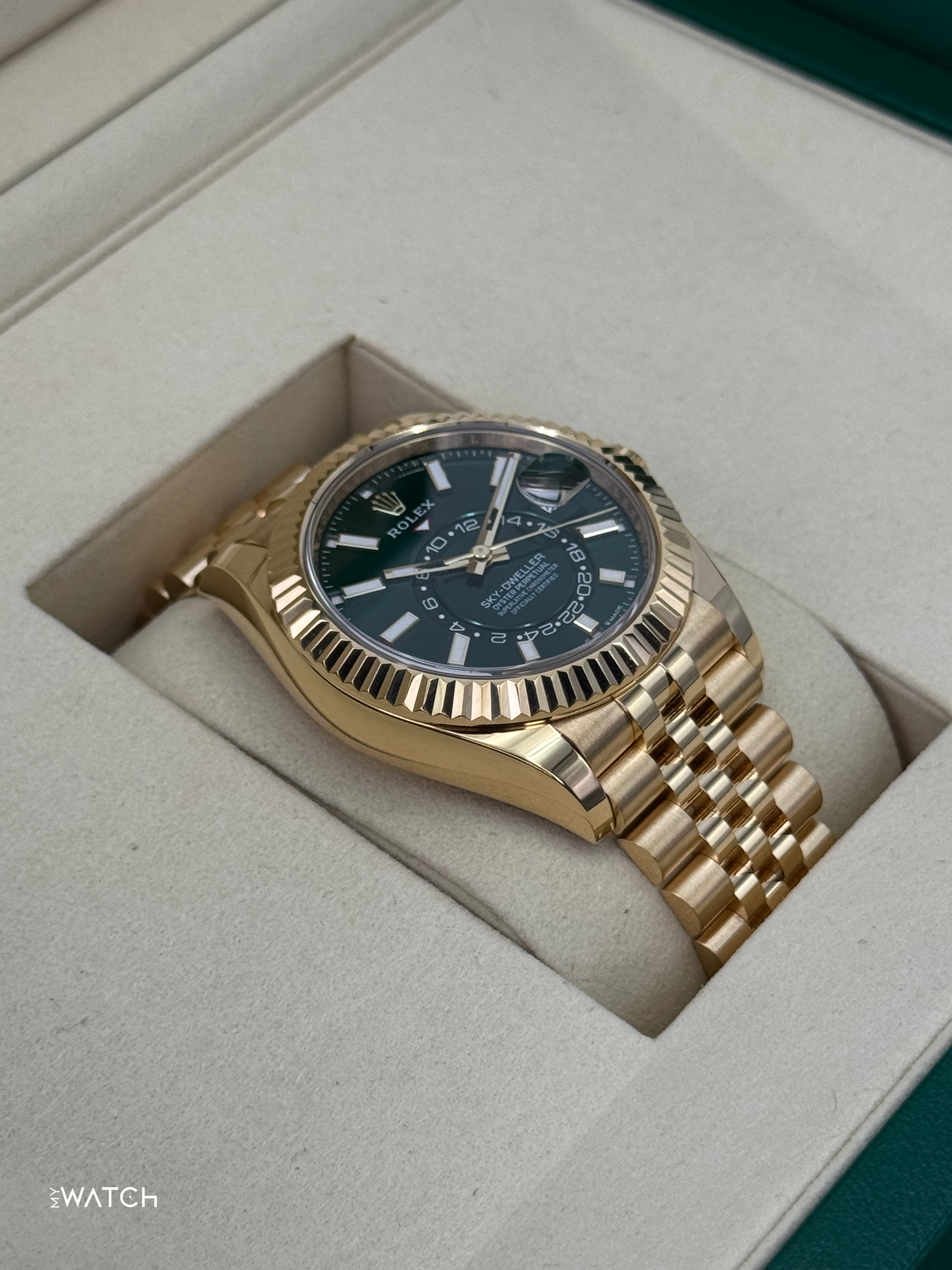 NEW 2025 Rolex Sky-Dweller 42mm 336938 Yellow Gold Jubilee Green Dial - MyWatchLLC